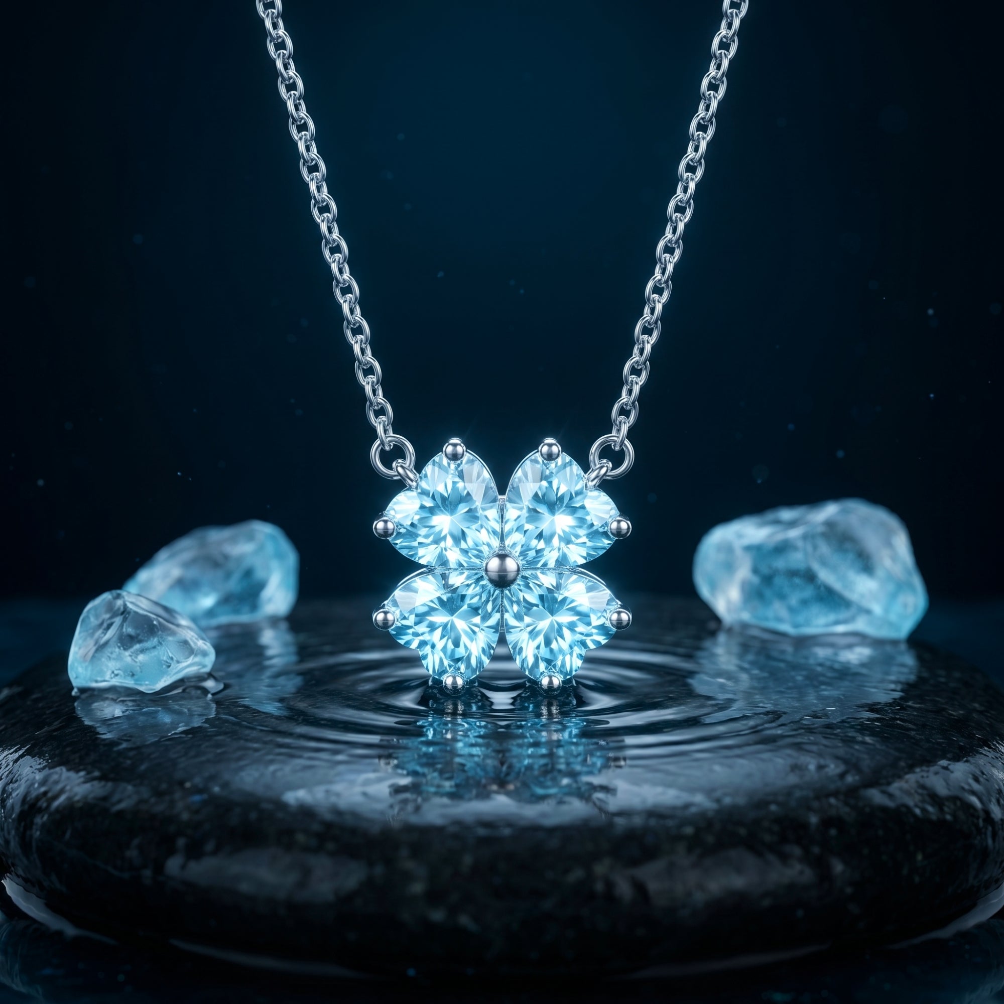 Platinum clover necklace with four heart-cut aquamarine stones on a wet stone with water ripples.