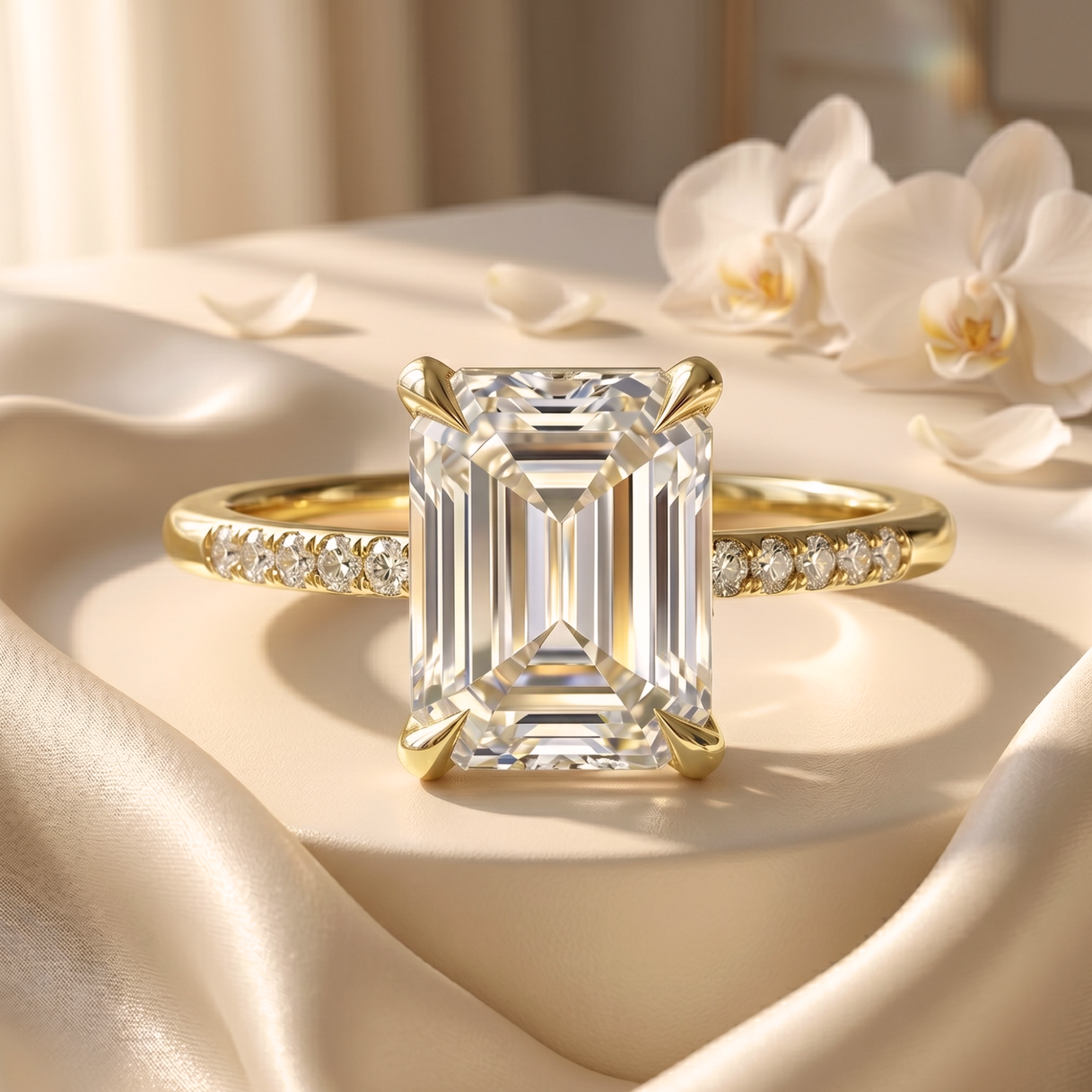 An elegant yellow gold emerald-cut moissanite engagement ring displayed on a luxurious satin backdrop.