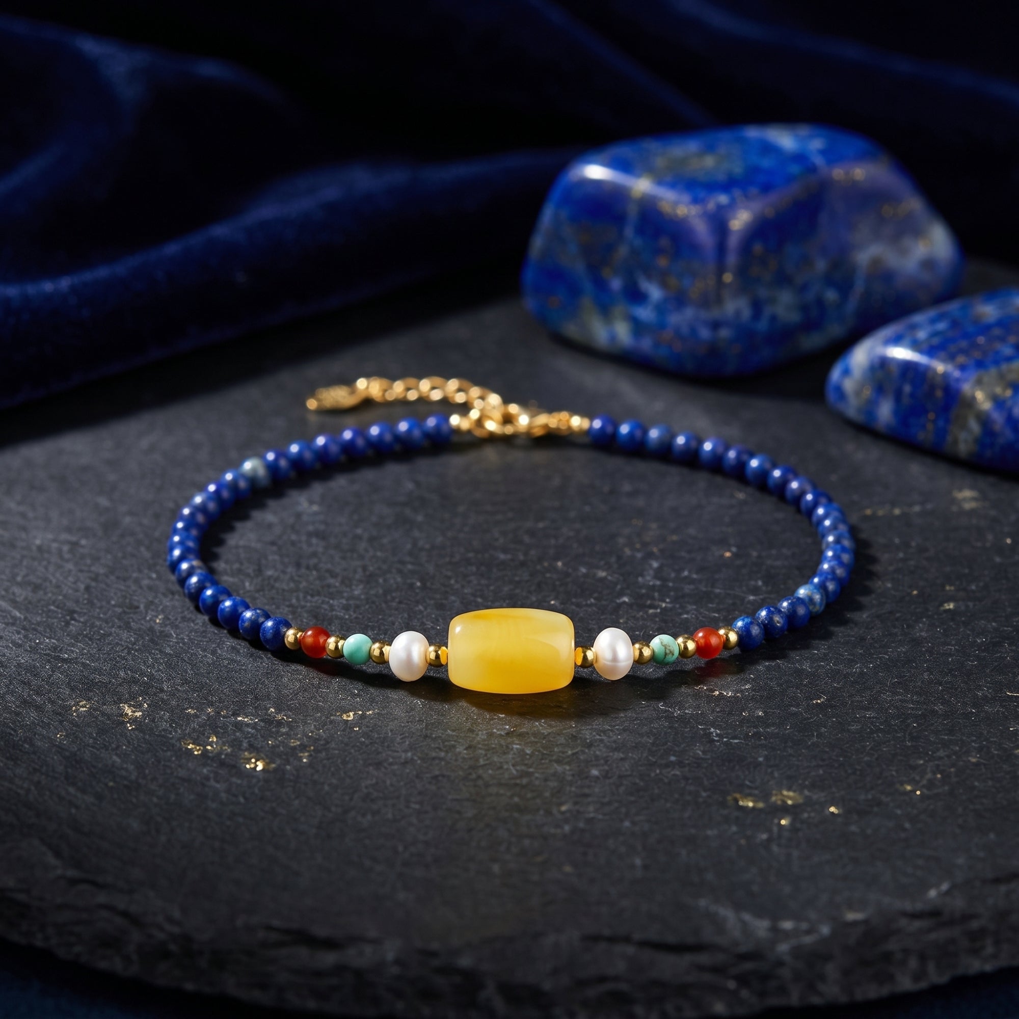 18K gold plated lapis lazuli bracelet with yellow accents on stone with raw lapis lazuli rocks.