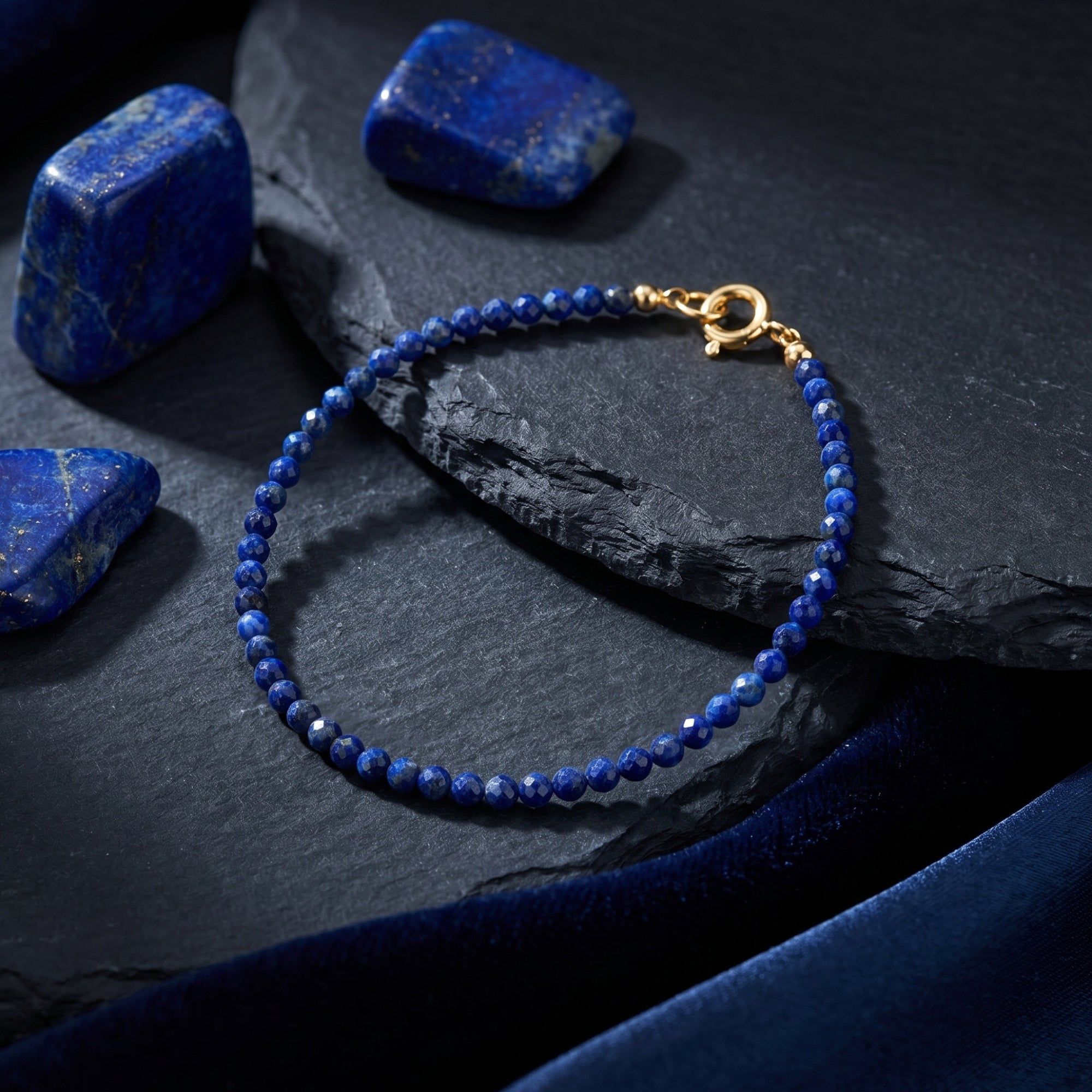 Faceted lapis lazuli bead bracelet with gold clasp on dark stone with raw lapis lazuli stones.
