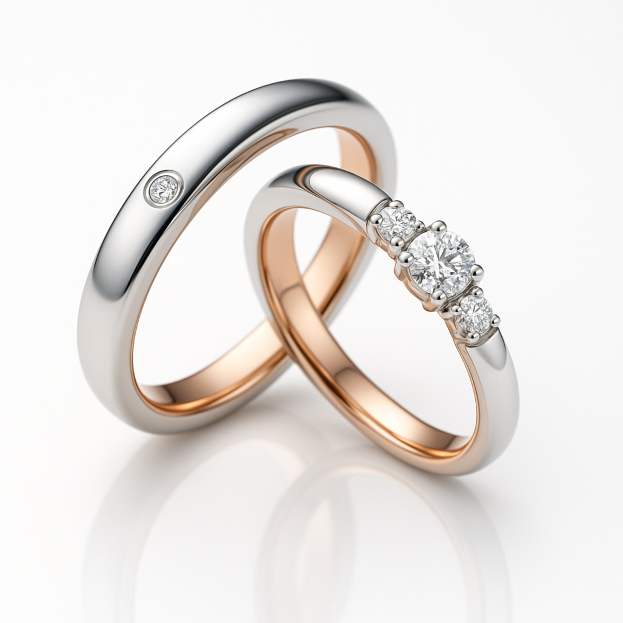 The Two-Tone Three-Stone Couples Rings - View 1