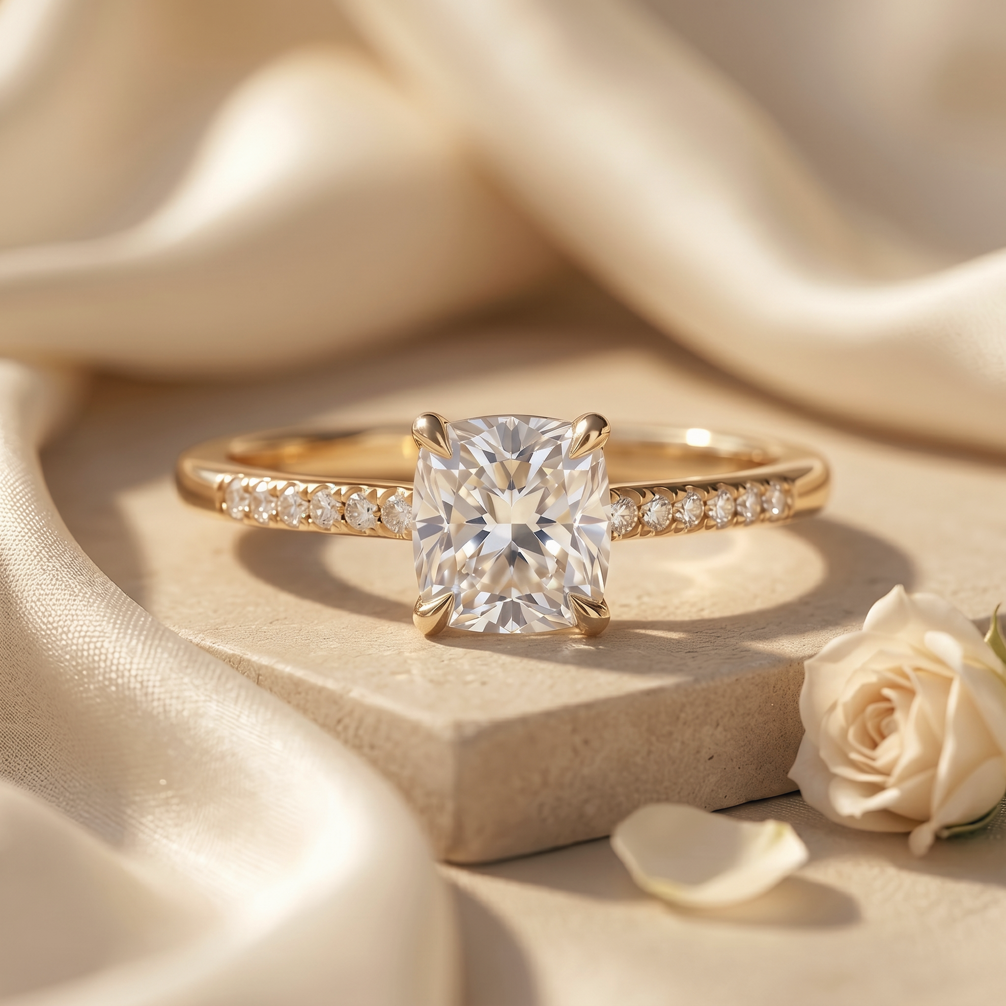 A cushion-cut moissanite engagement ring in yellow gold with a pavé band, set on a beige stone slab with white silk drapery.