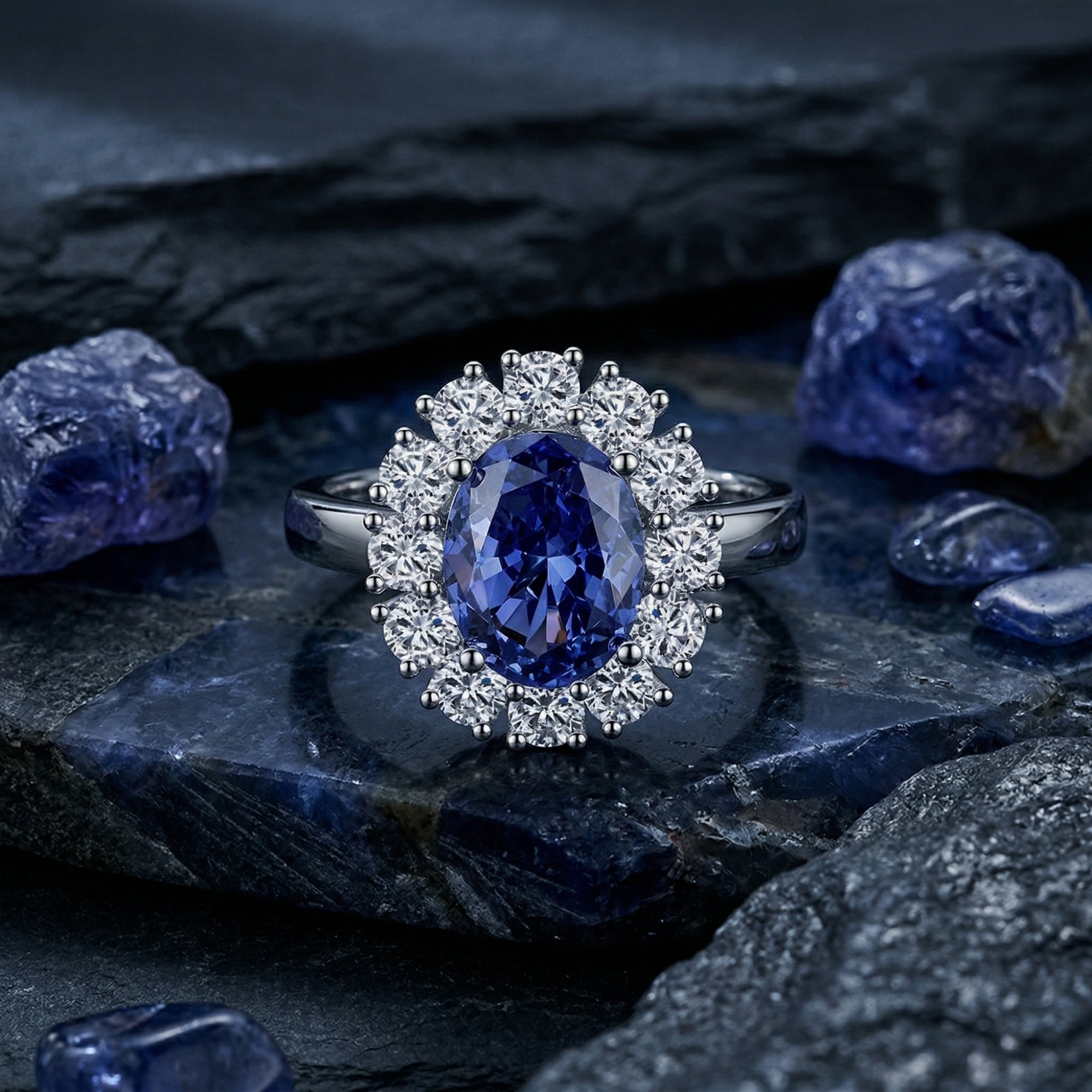 Front view of the oval natural tanzanite halo ring in 925 sterling silver on dark mineral rocks.