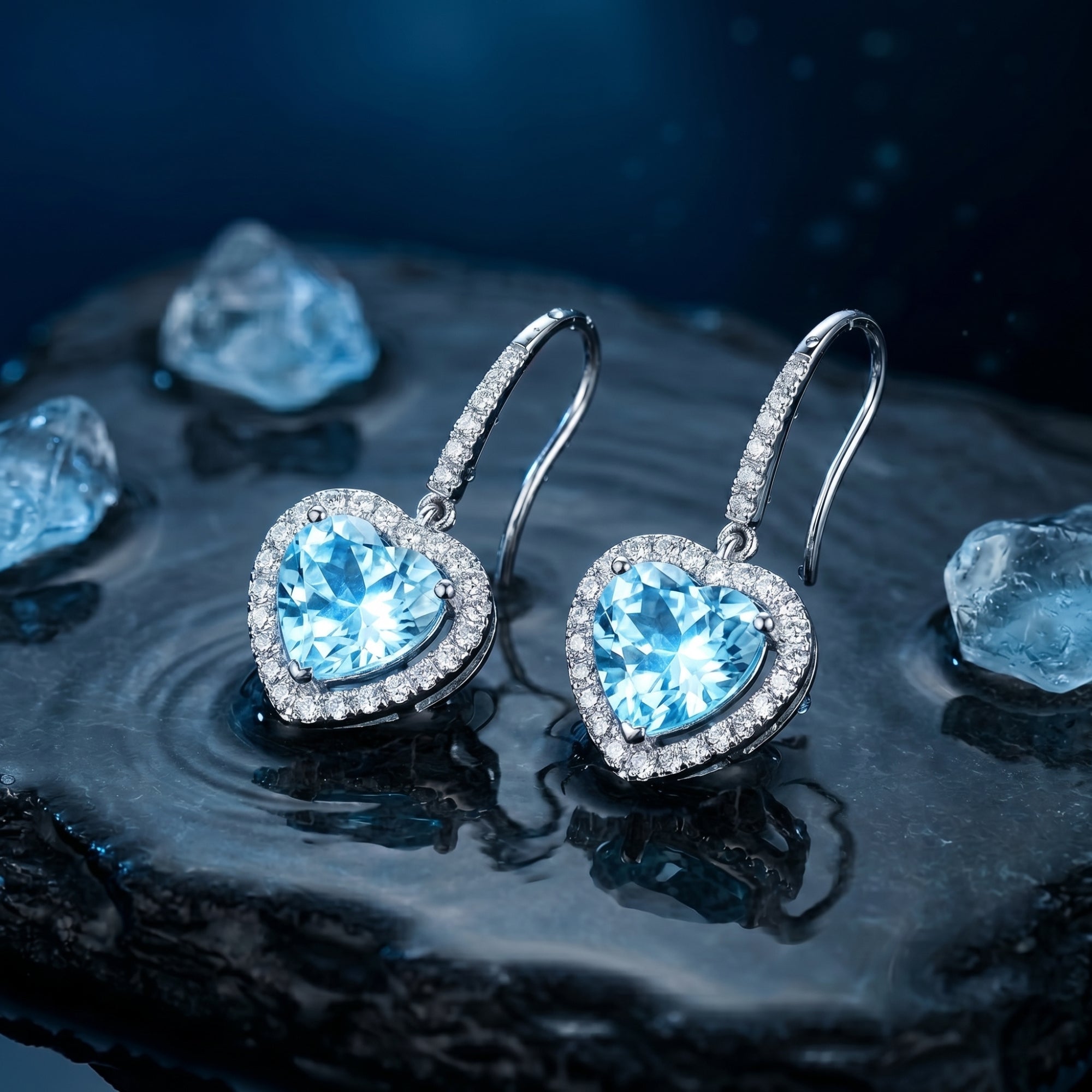 Platinum heart-cut aquamarine drop earrings with diamond halos on a dark wet stone lifestyle background.