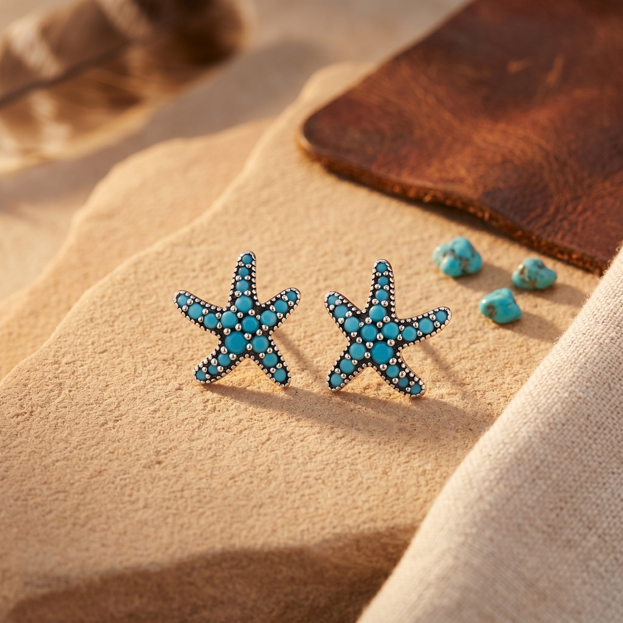 Sterling silver starfish stud earrings with round turquoise stones on a desert-themed stone background.