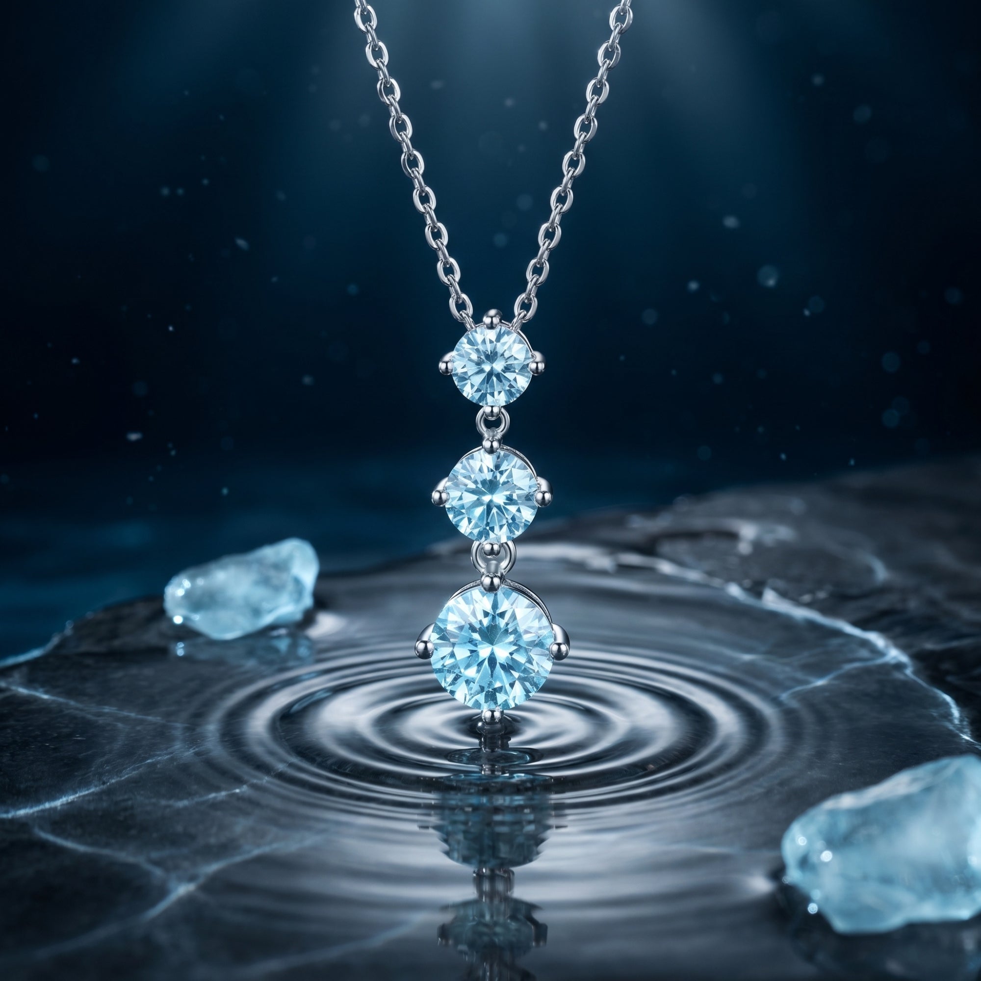Graduated round aquamarine pendant in platinum hanging over rippling water in a serene lifestyle scene.