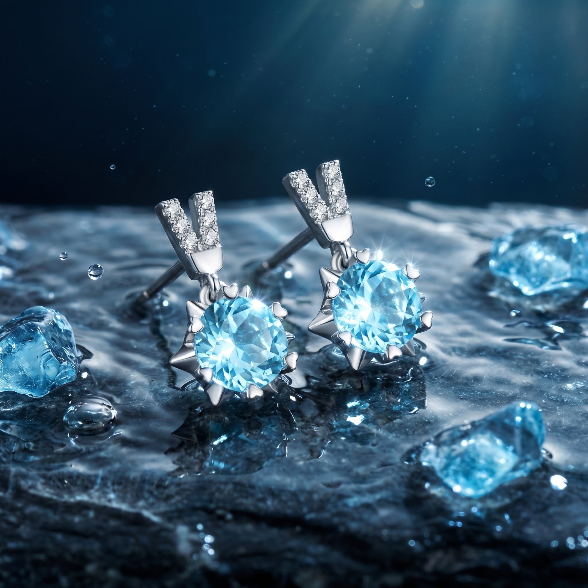 Round cut aquamarine drop earrings in platinum on a wet, dark stone surface with blue crystals.