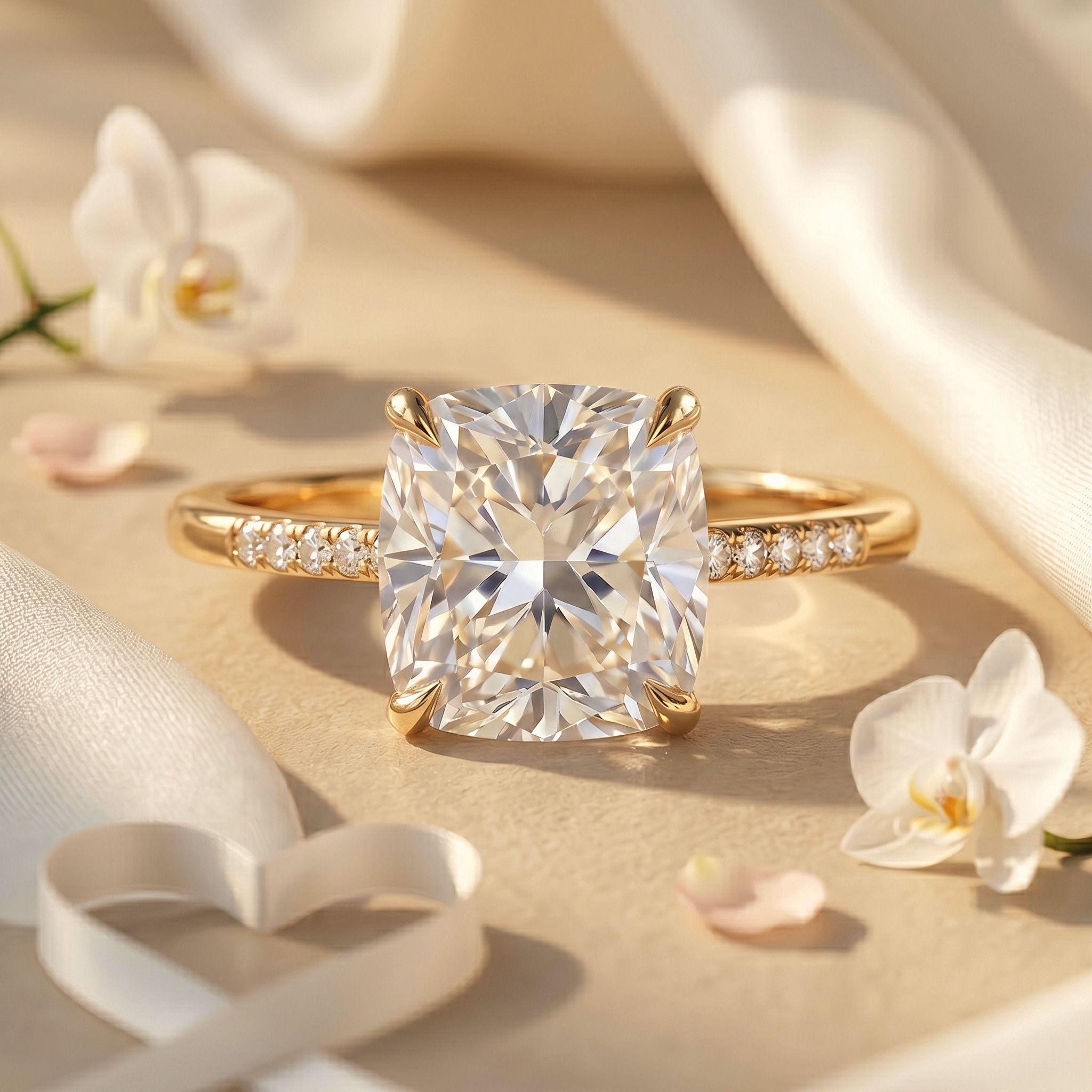 A cushion-cut moissanite engagement ring in a yellow gold pavé band, elegantly displayed on a warm neutral surface.