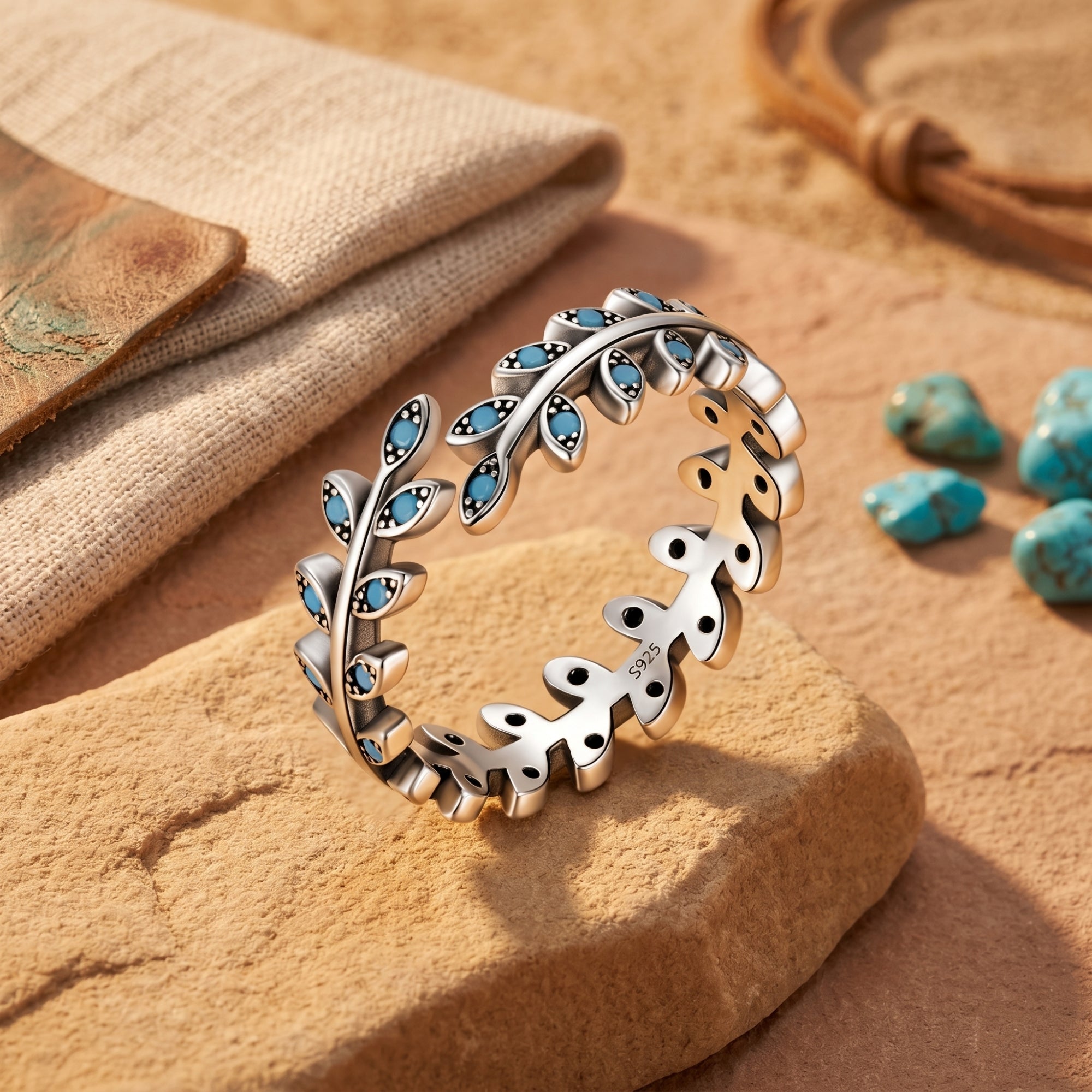Sterling silver leaf bypass ring with round turquoise stones set against a desert-inspired lifestyle backdrop.