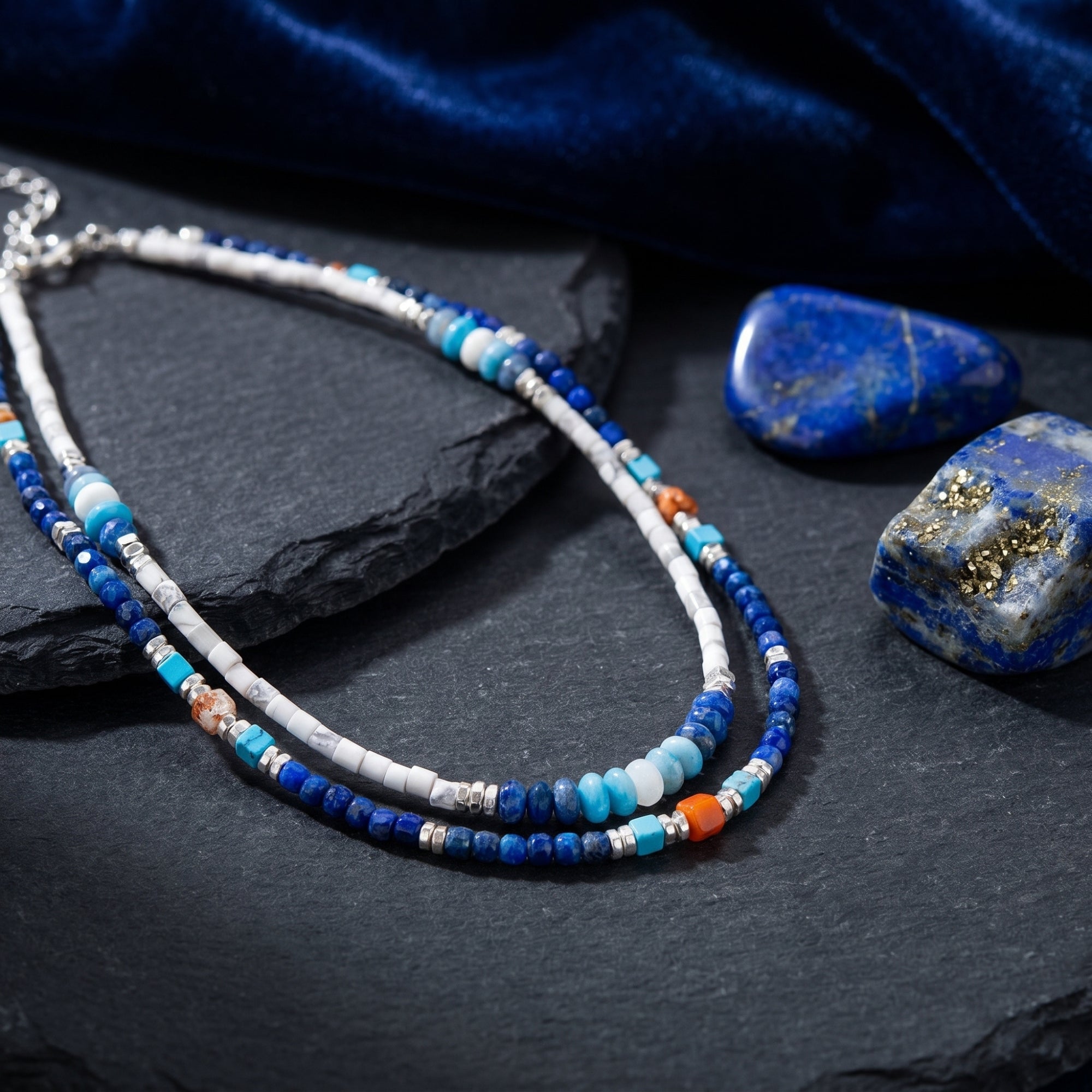 Layered lapis lazuli bead necklace with silver-toned spacers on a slate background with raw blue stones.
