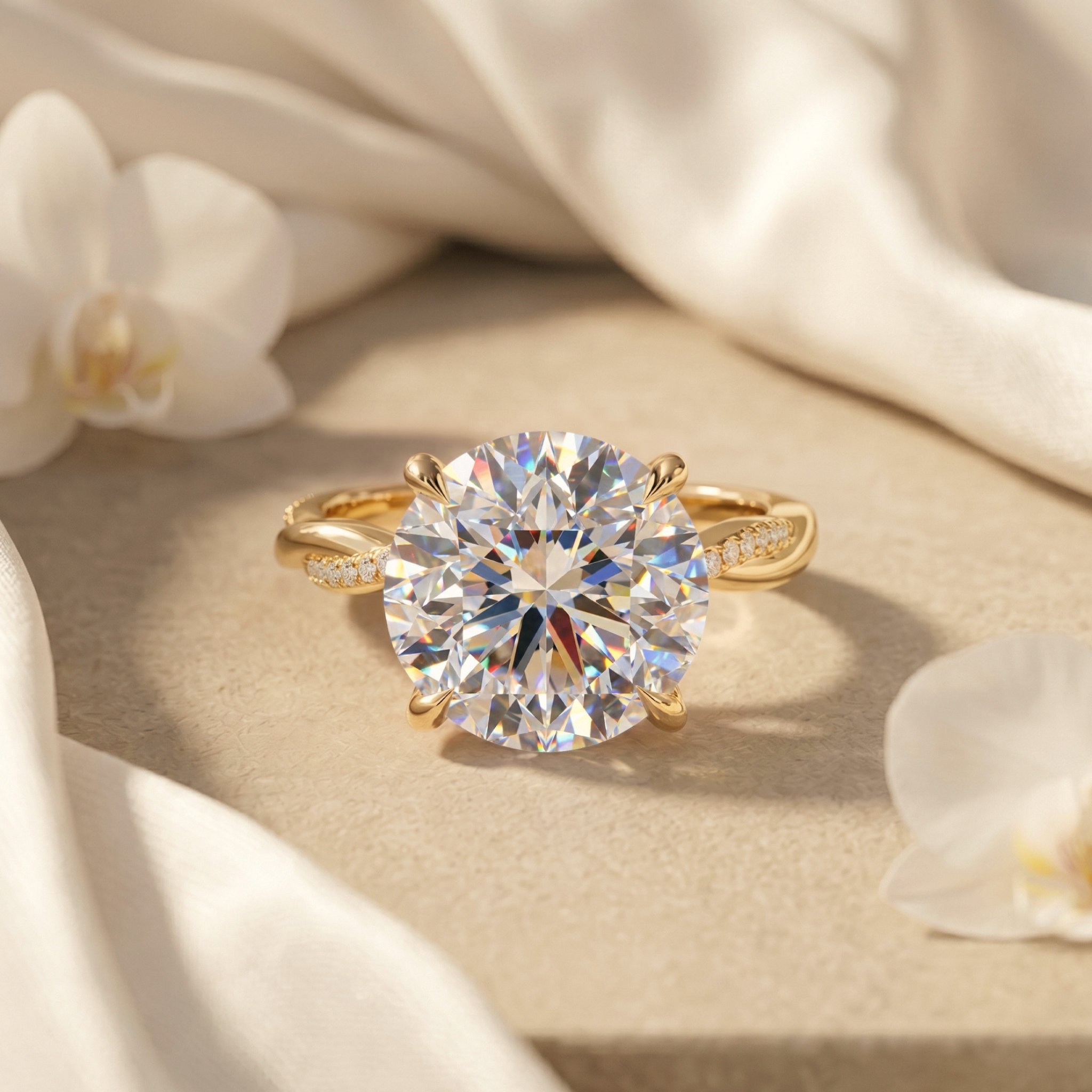 A round-cut moissanite engagement ring featuring a yellow gold twisted band set with accent diamonds on a soft beige background.