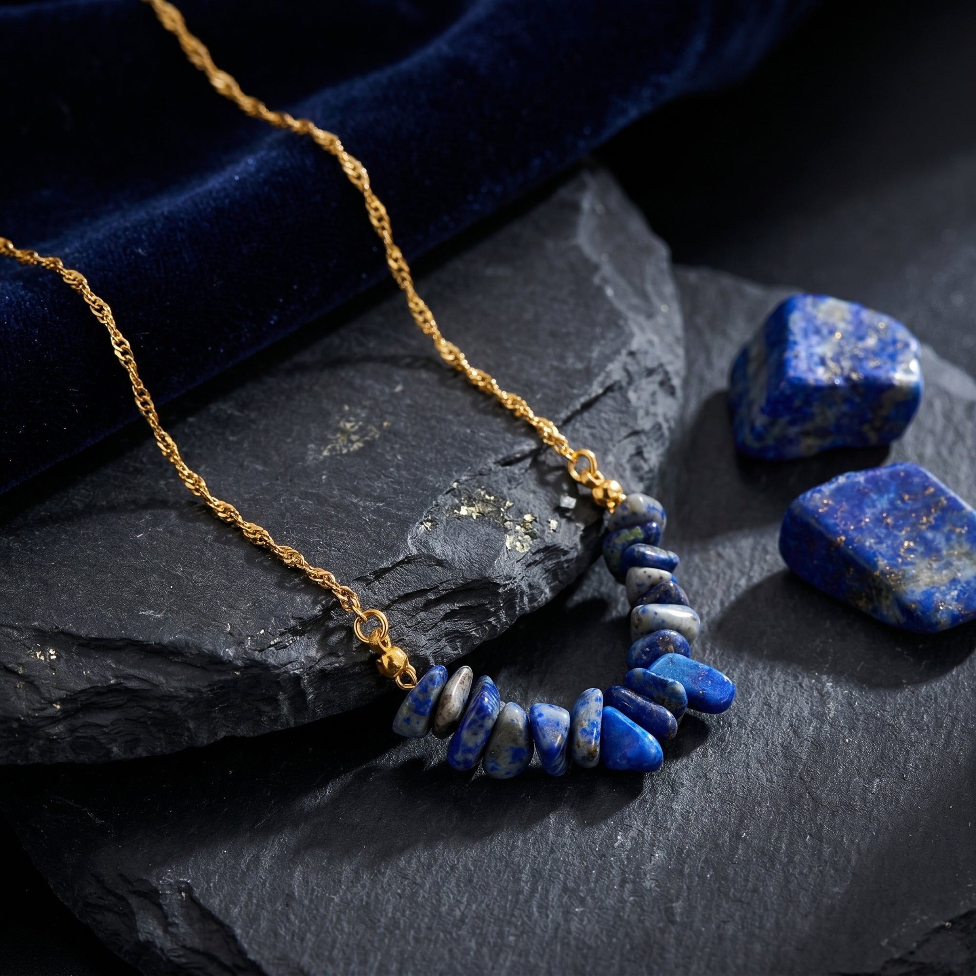 Natural lapis lazuli chip necklace on a gold chain, styled on a dark slate rock with blue velvet.