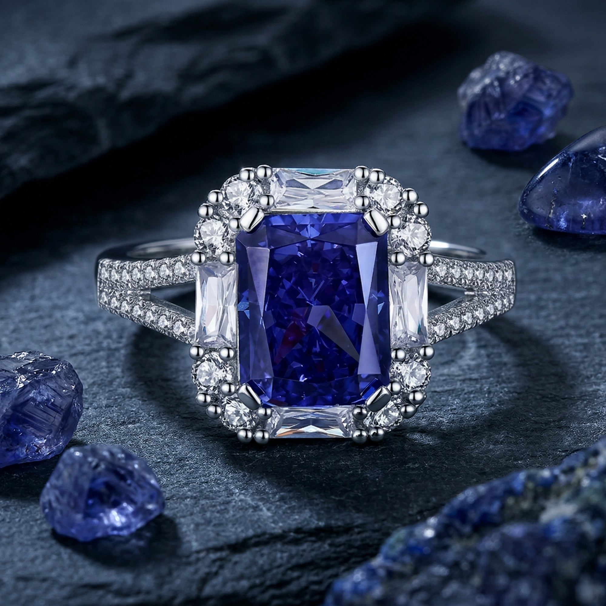 Radiant cut tanzanite ring in 925 sterling silver displayed on dark textured stone with raw blue gems.