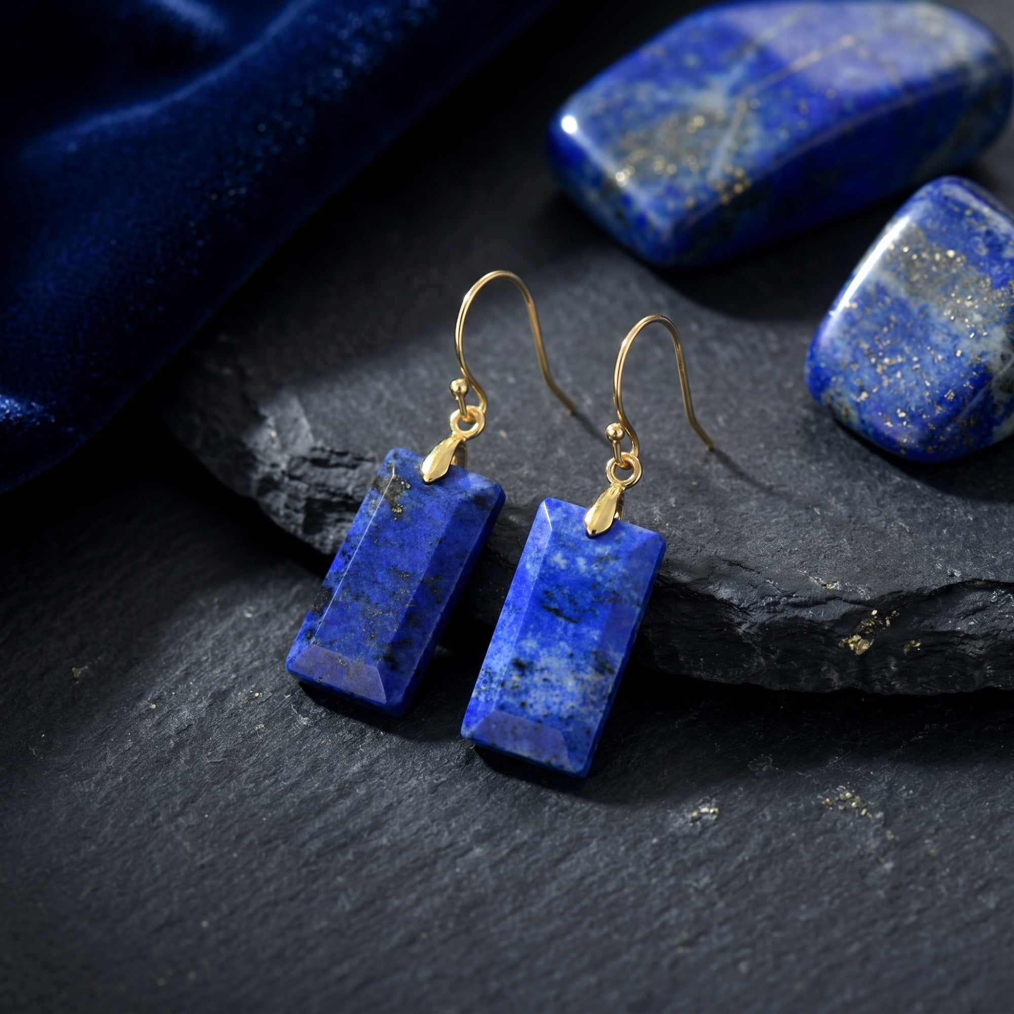 Rectangular natural lapis lazuli drop earrings with gold hooks on a dark stone and blue velvet background.