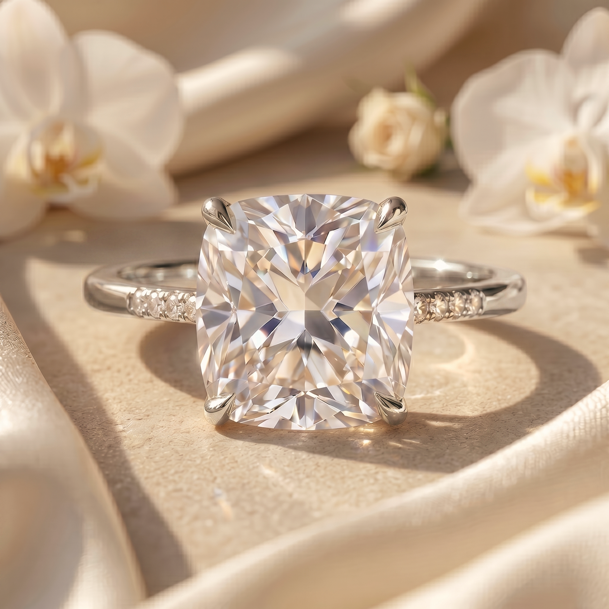 A cushion-cut moissanite engagement ring in a white gold band with pave diamonds, displayed on silk fabric.