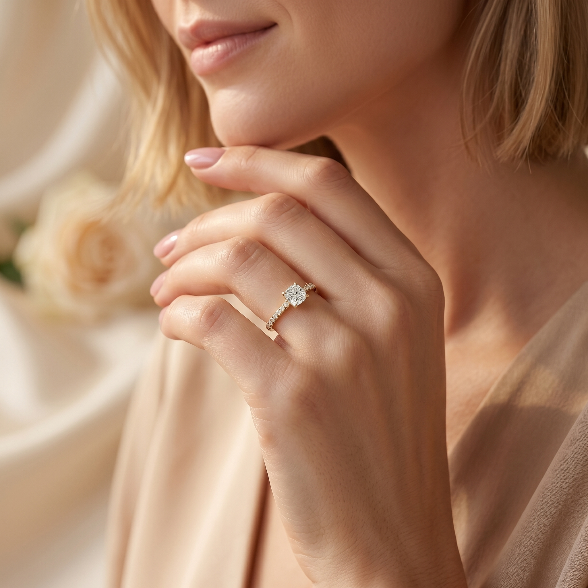 A gold cushion-cut moissanite engagement ring worn on a woman's ring finger.