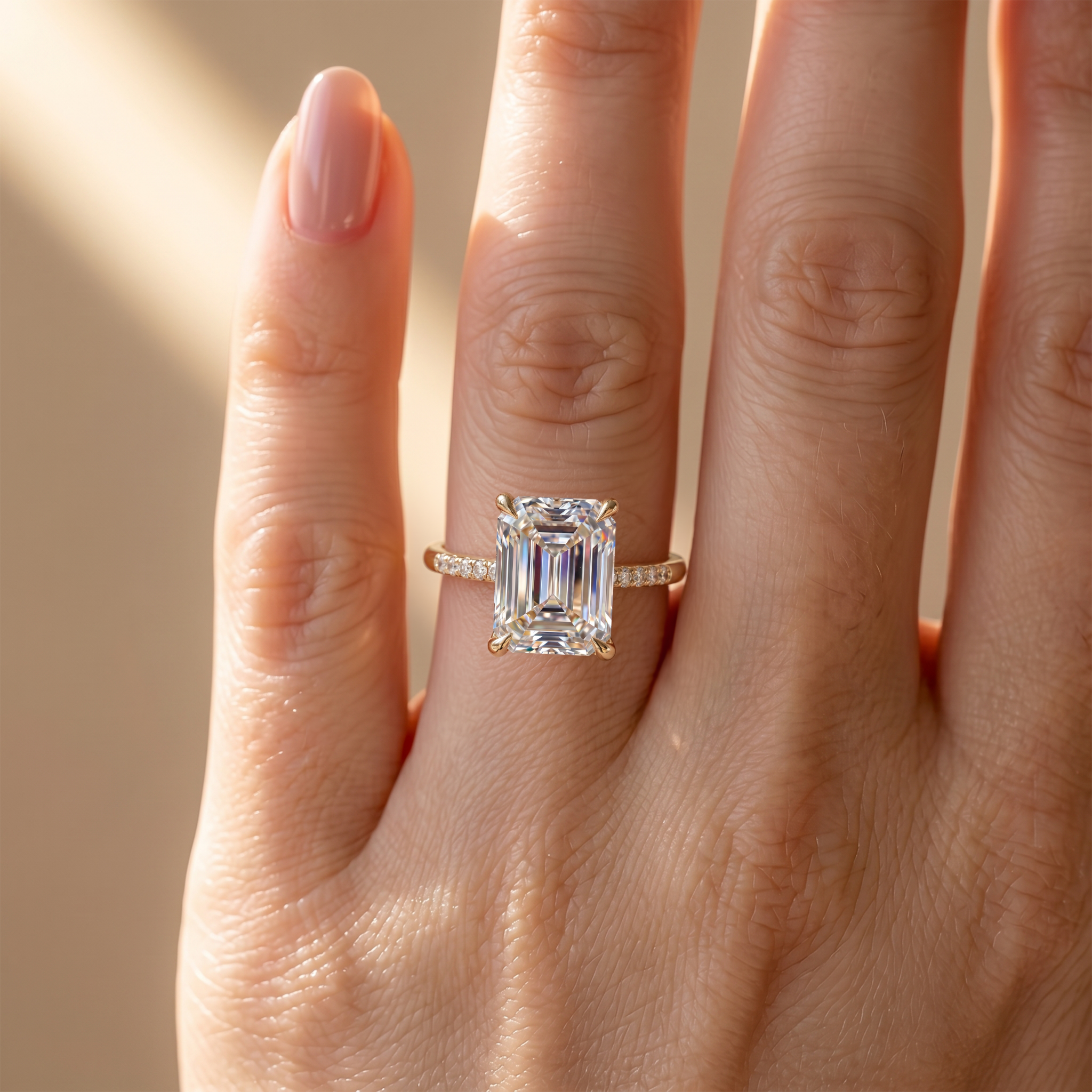 An emerald cut moissanite engagement ring in yellow gold shown close-up on a finger.