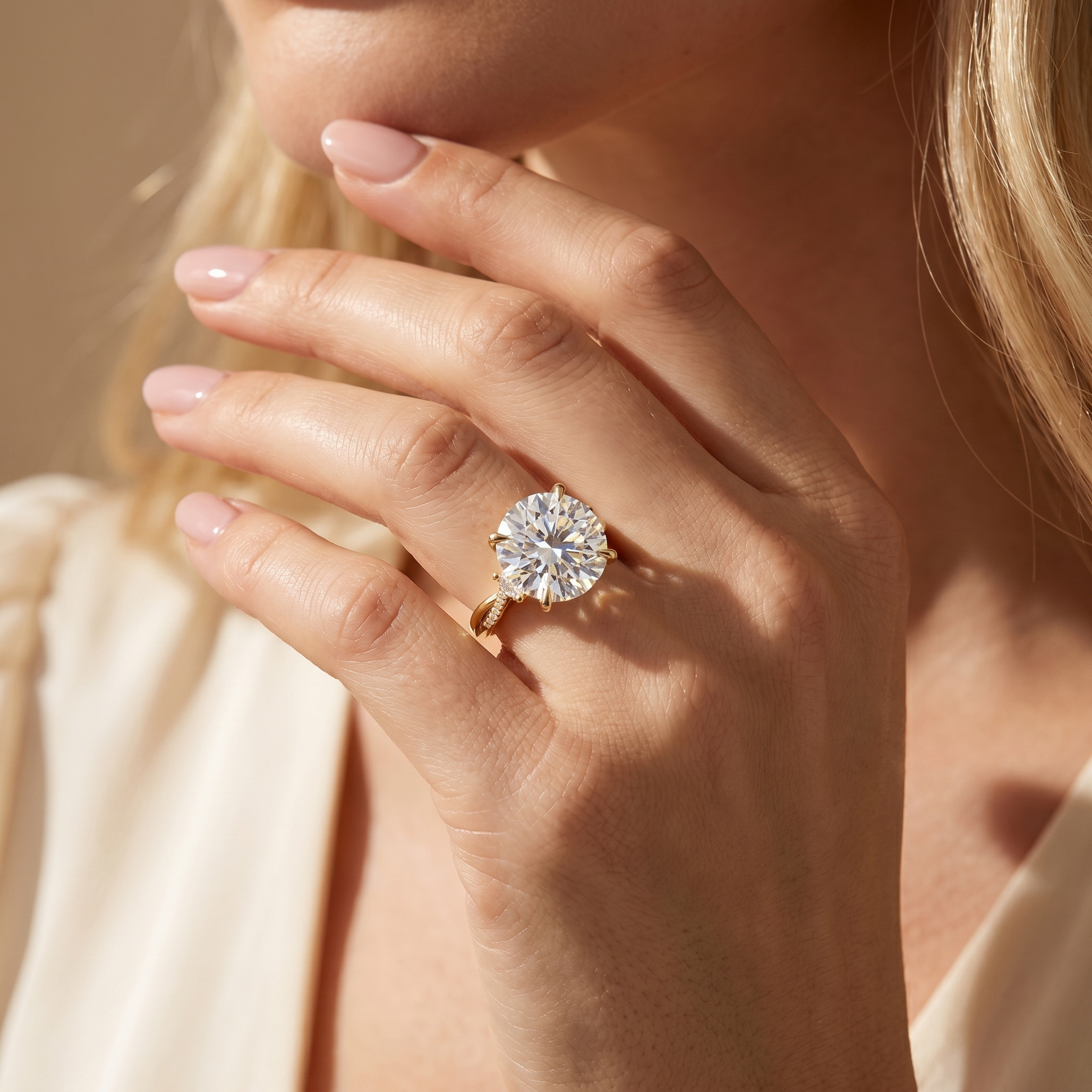 Close-up of a model wearing a round-cut yellow gold moissanite engagement ring on her finger.