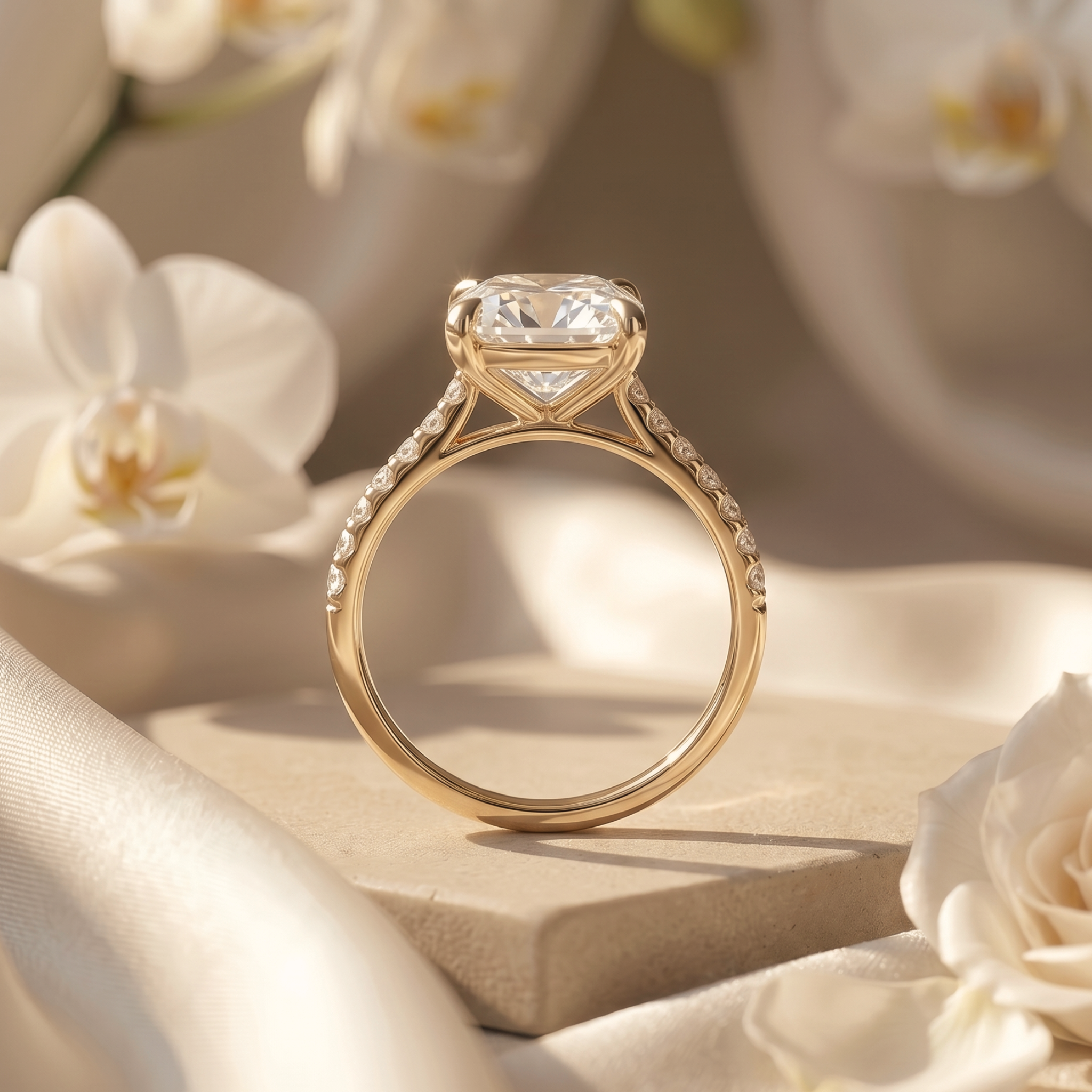 The side profile of a cushion-cut moissanite ring in yellow gold, highlighting the intricate setting and diamond-accented band.
