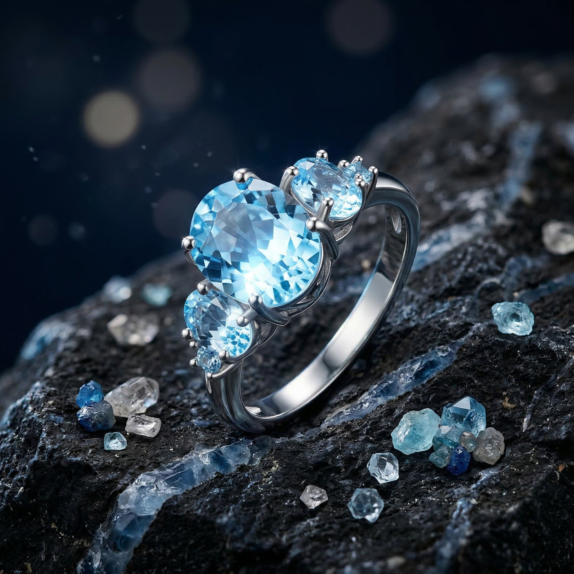 Macro view of the three-stone oval natural blue topaz setting on a sterling silver band.