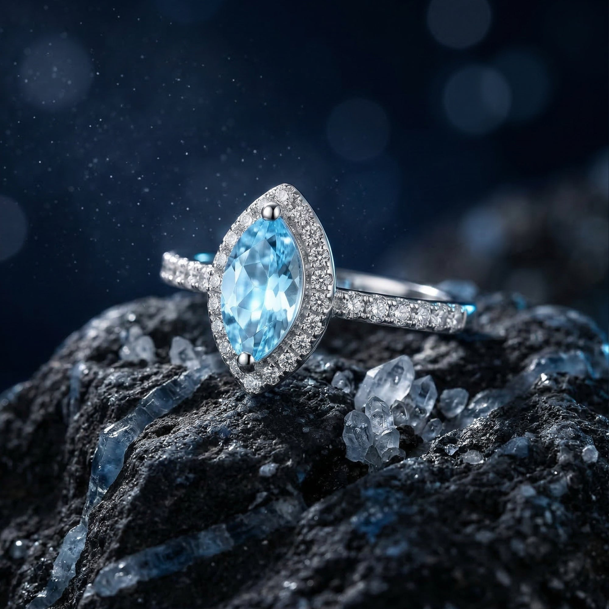 Macro view of the marquise cut natural blue topaz ring in sterling silver, highlighting the halo and pavé setting.