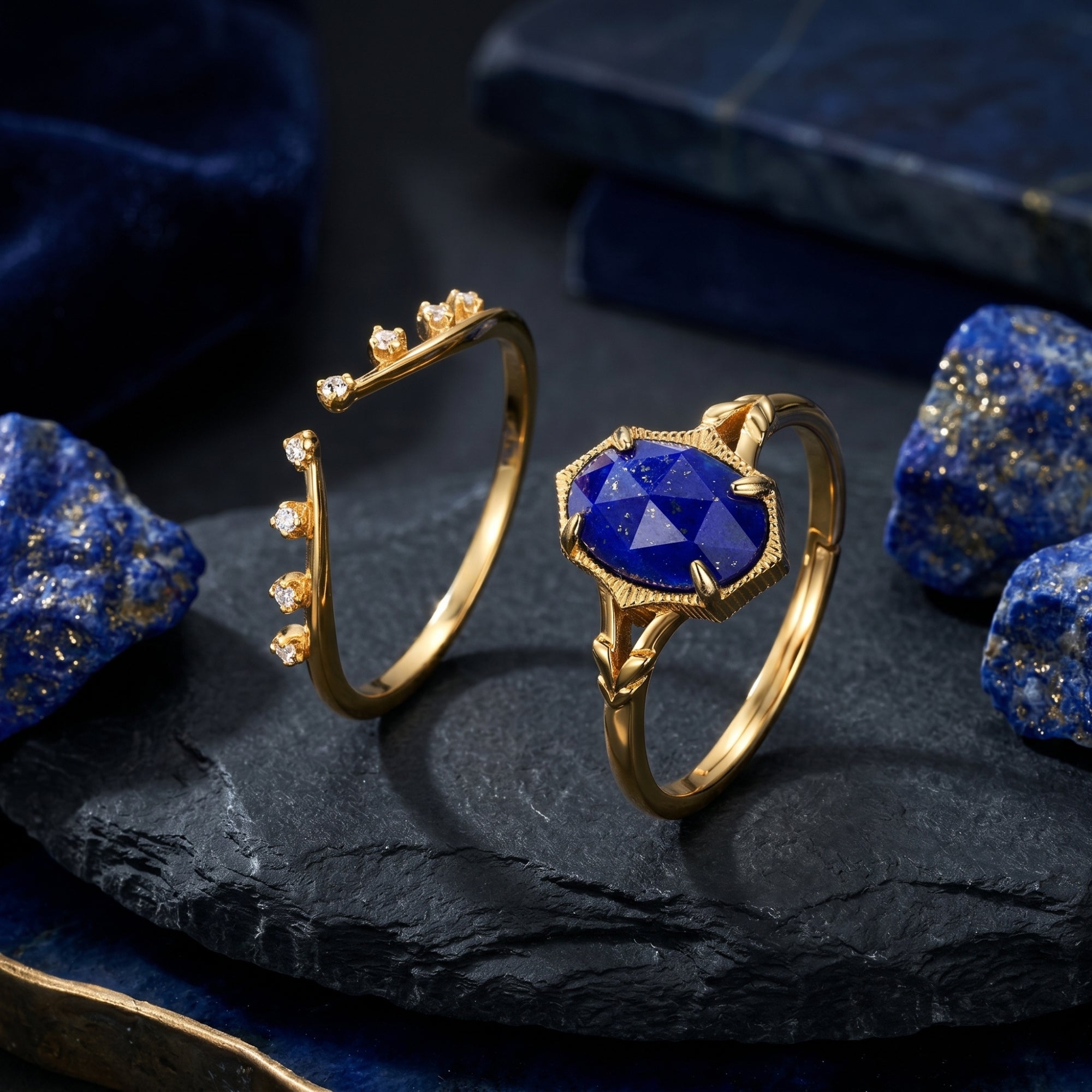Gold plated silver oval lapis ring and separate curved band styled with raw lapis stones on a rock.
