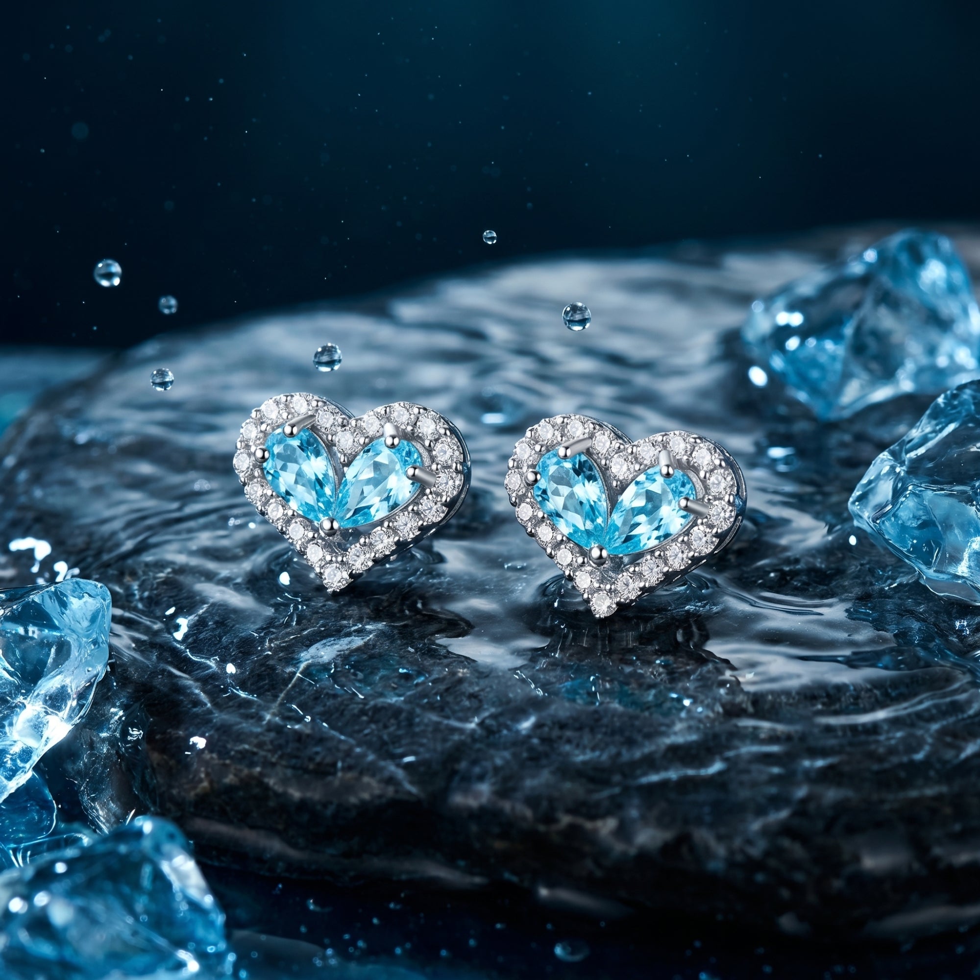 Macro view of heart-shaped pear-cut aquamarine halo earrings in white gold on a wet rock with ice crystals.