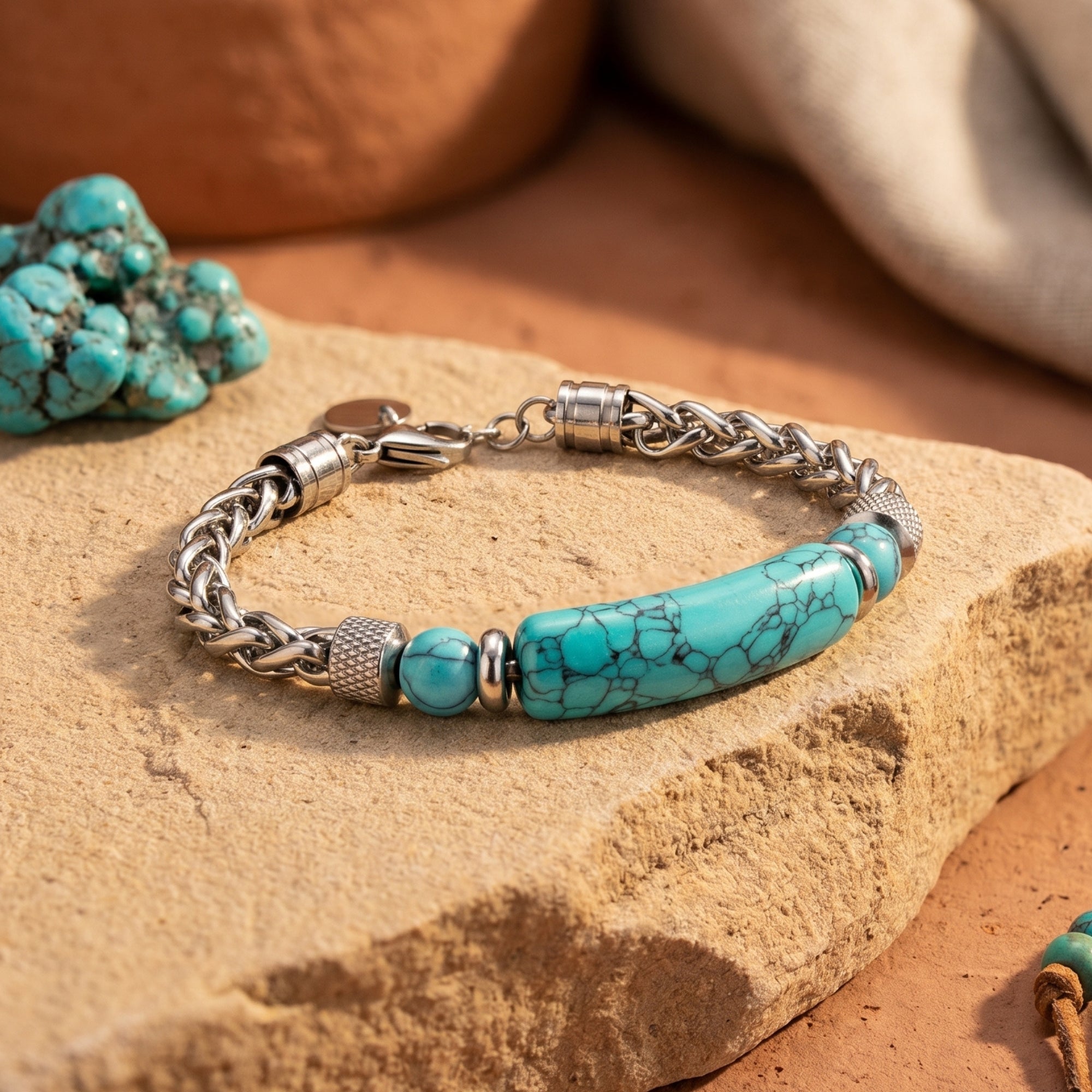 Close-up of a silver stainless steel wheat chain bracelet featuring a turquoise-hued focal bar and polished beads.