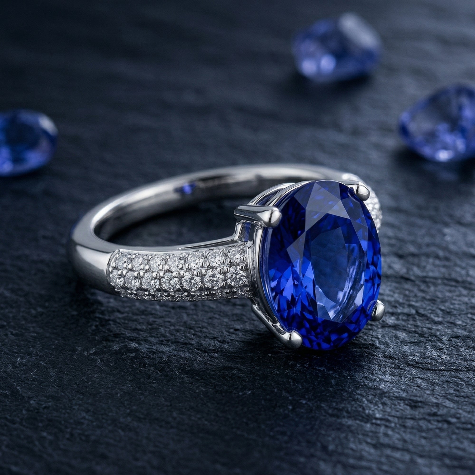 Macro side view of an oval tanzanite sterling silver ring, highlighting the pave-set accents on a dark rocky surface.