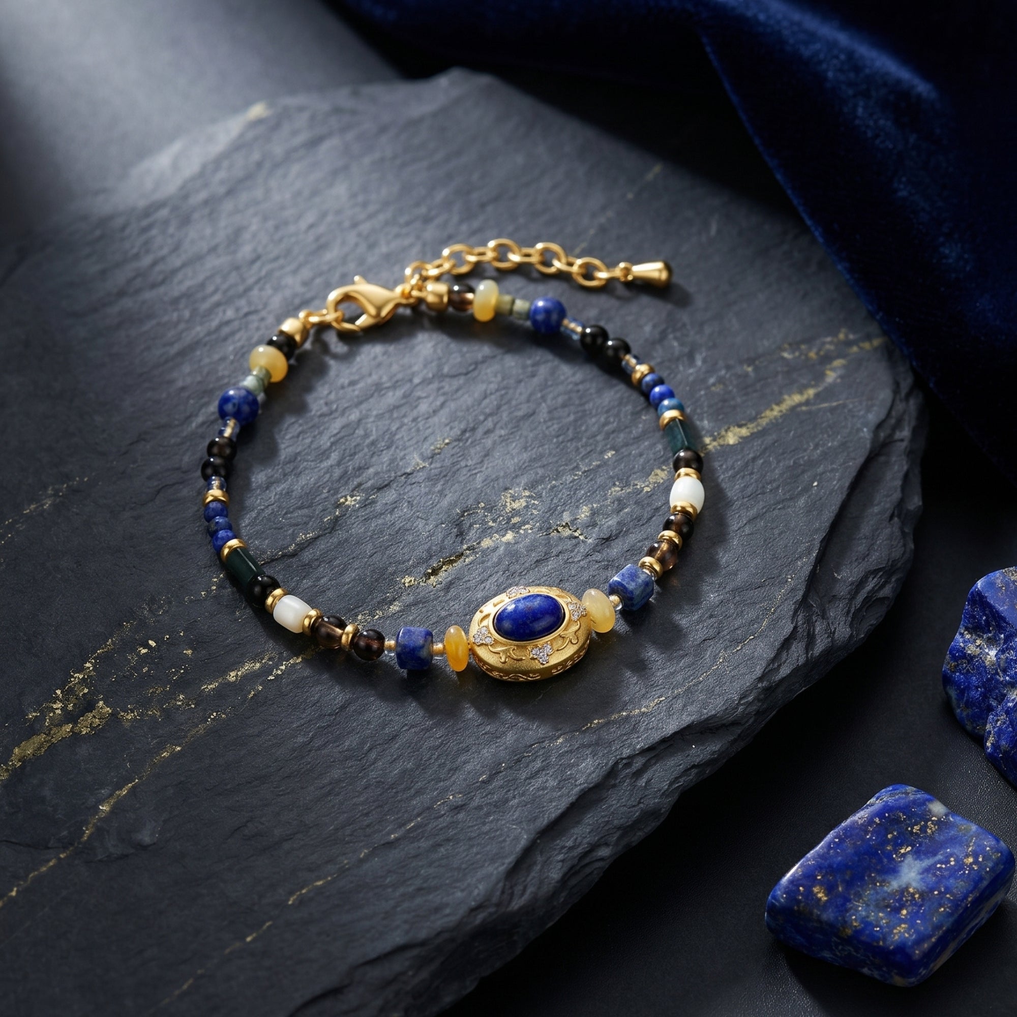 18K gold-plated bracelet with natural lapis lazuli and multi-colored beads on a textured stone surface.