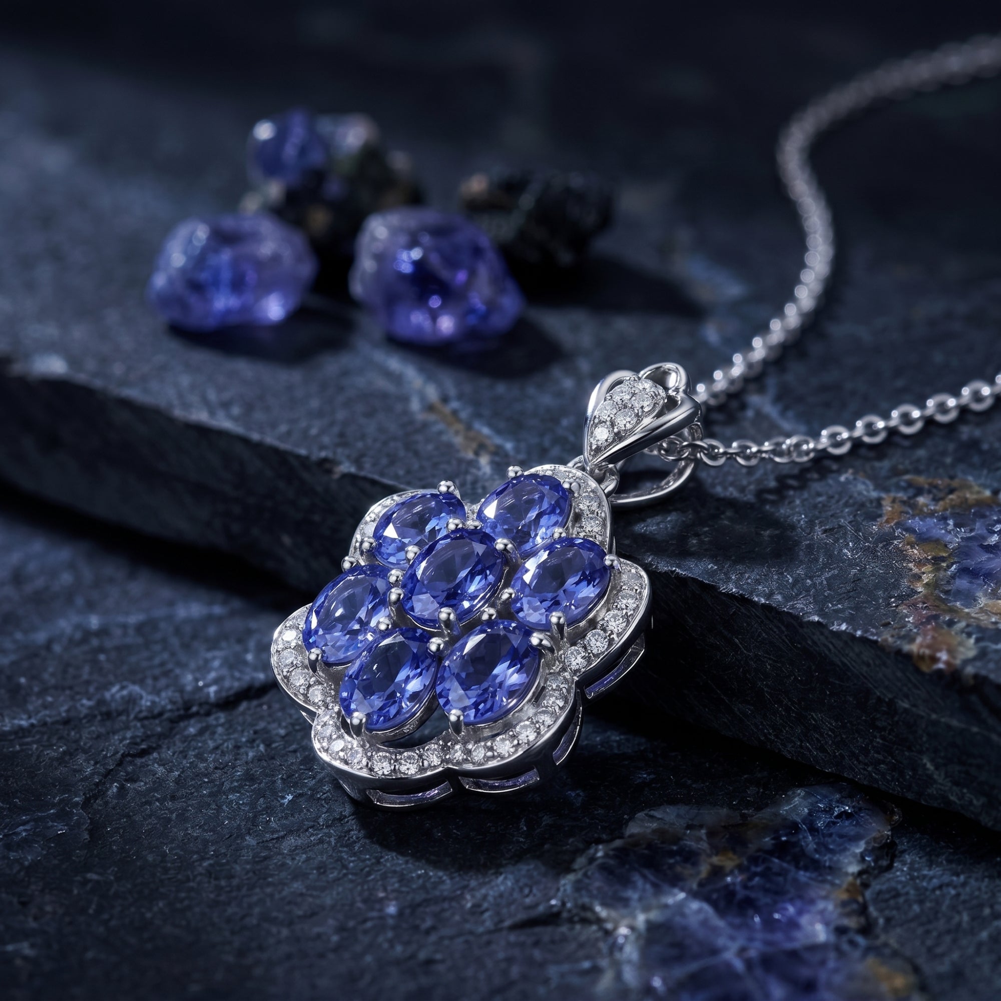 Macro detail of the Caelestia pendant featuring seven oval-cut tanzanite stones in a silver floral cluster.