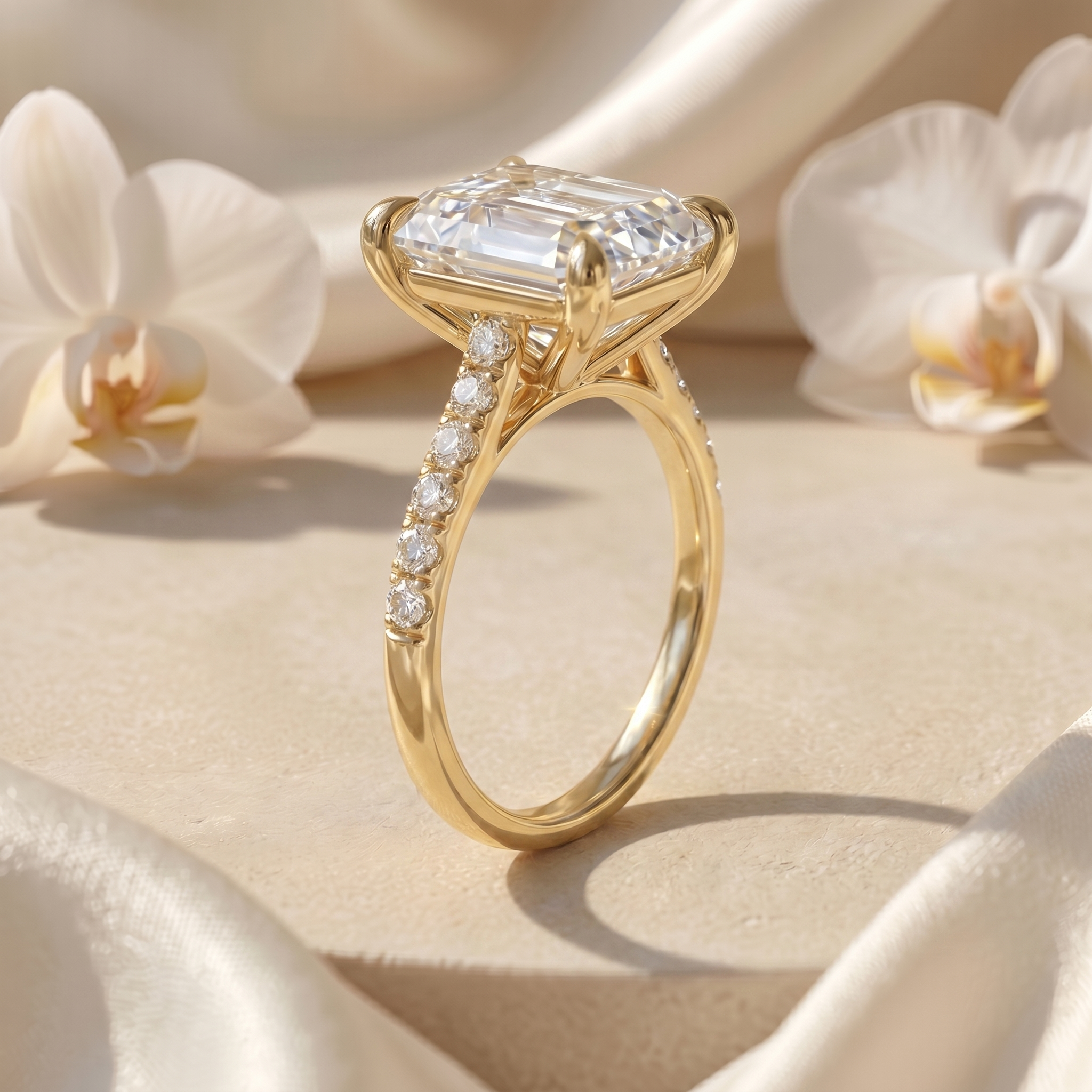 Side profile view of the yellow gold emerald cut moissanite ring showing the cathedral setting and hidden basket detailing.