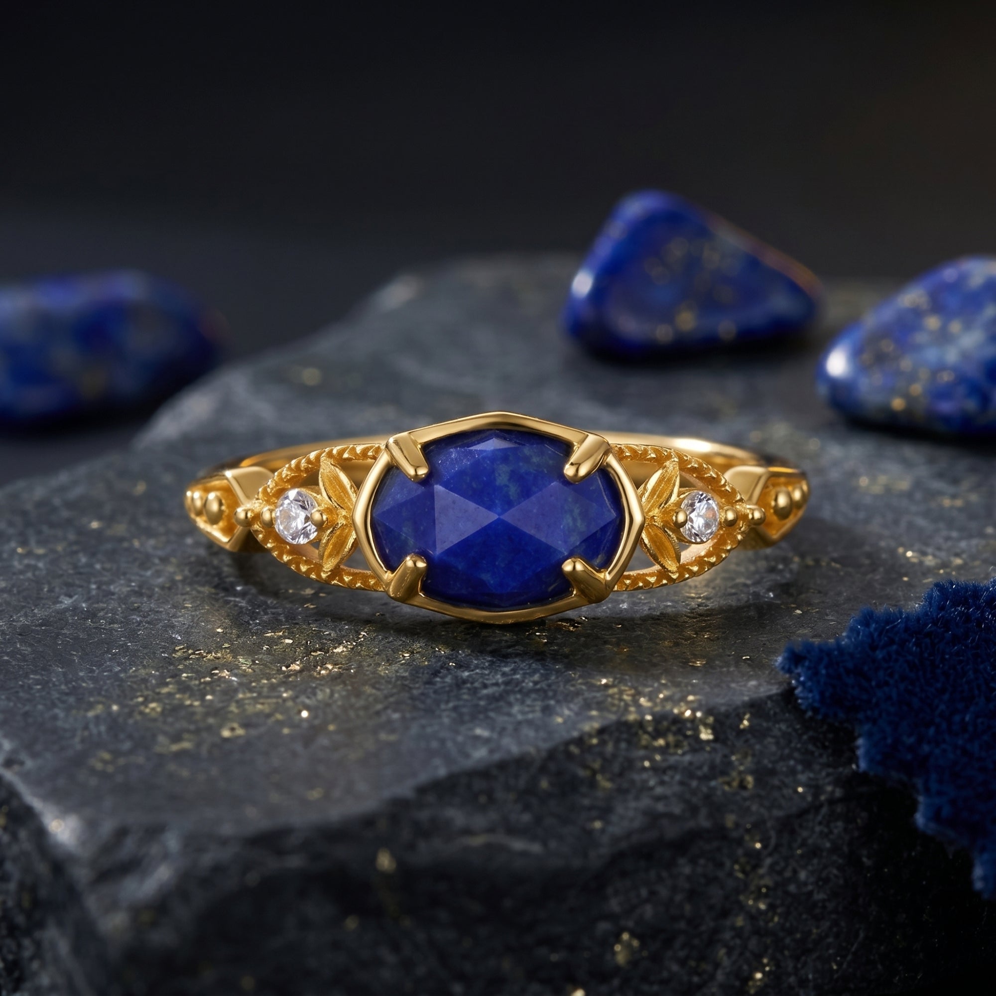 Macro view of the gold Elarissa ring showing the faceted oval lapis lazuli and intricate filigree setting.