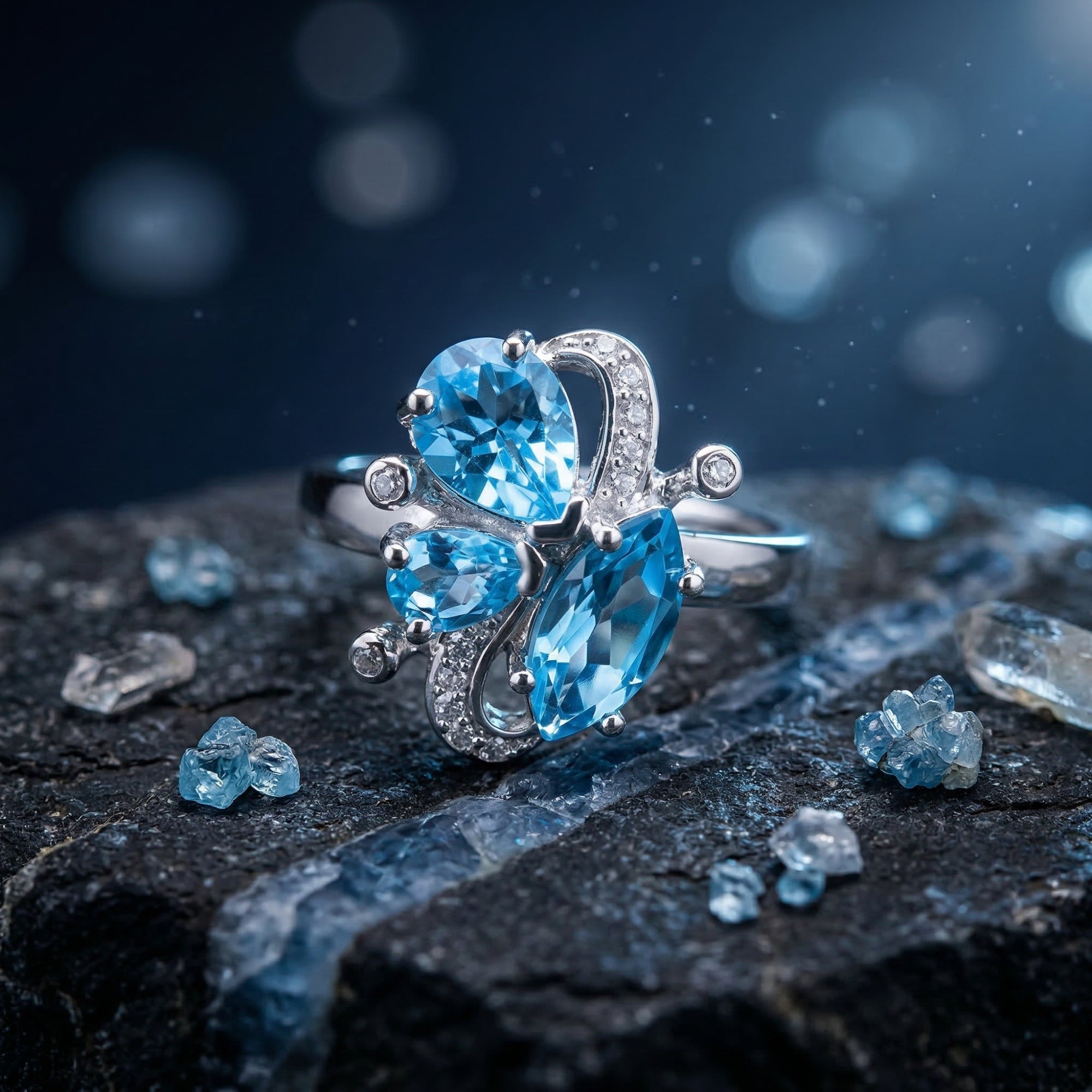 Macro view of the Mariposa ring's silver setting featuring pear and marquise cut natural blue topaz.