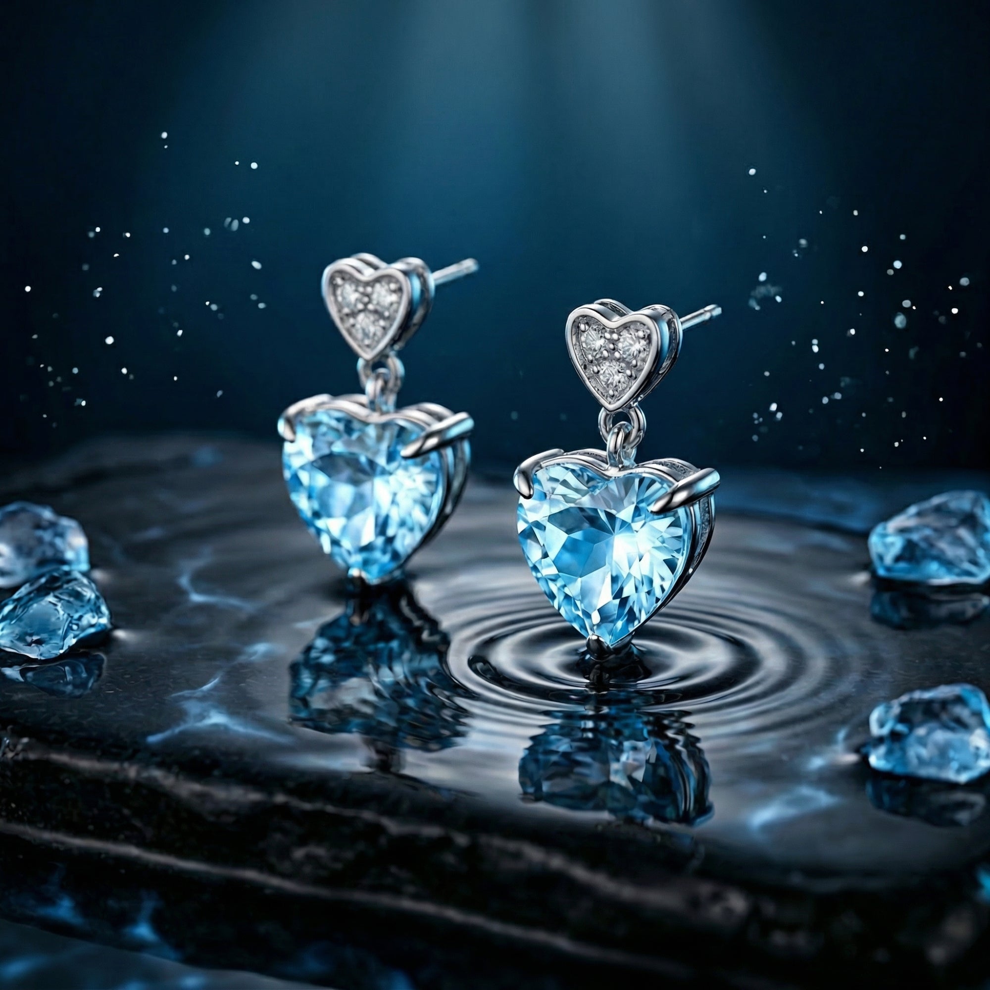Detailed view of heart-cut aquamarine drop earrings in 18K white gold resting on water with ripples.