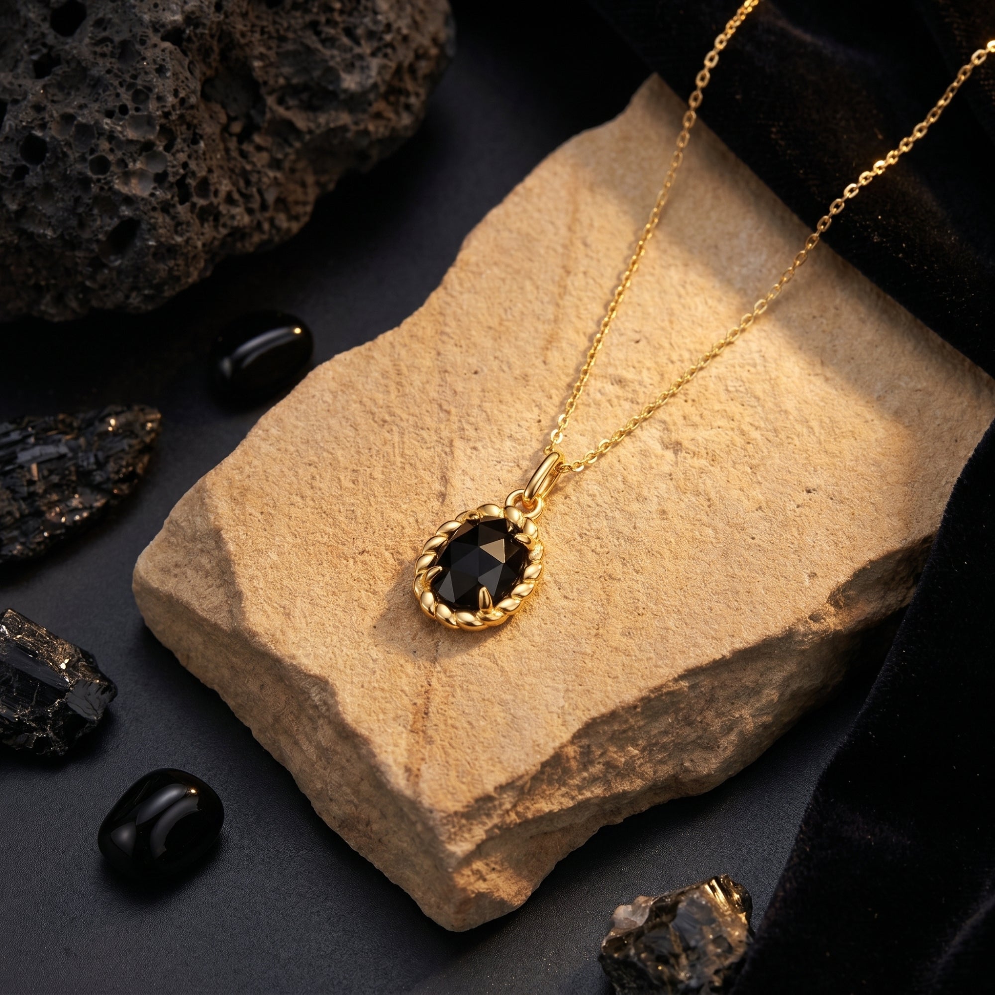 Yellow gold Raven Onyx Necklace with an oval-cut black onyx pendant, displayed on a textured stone with black accents.