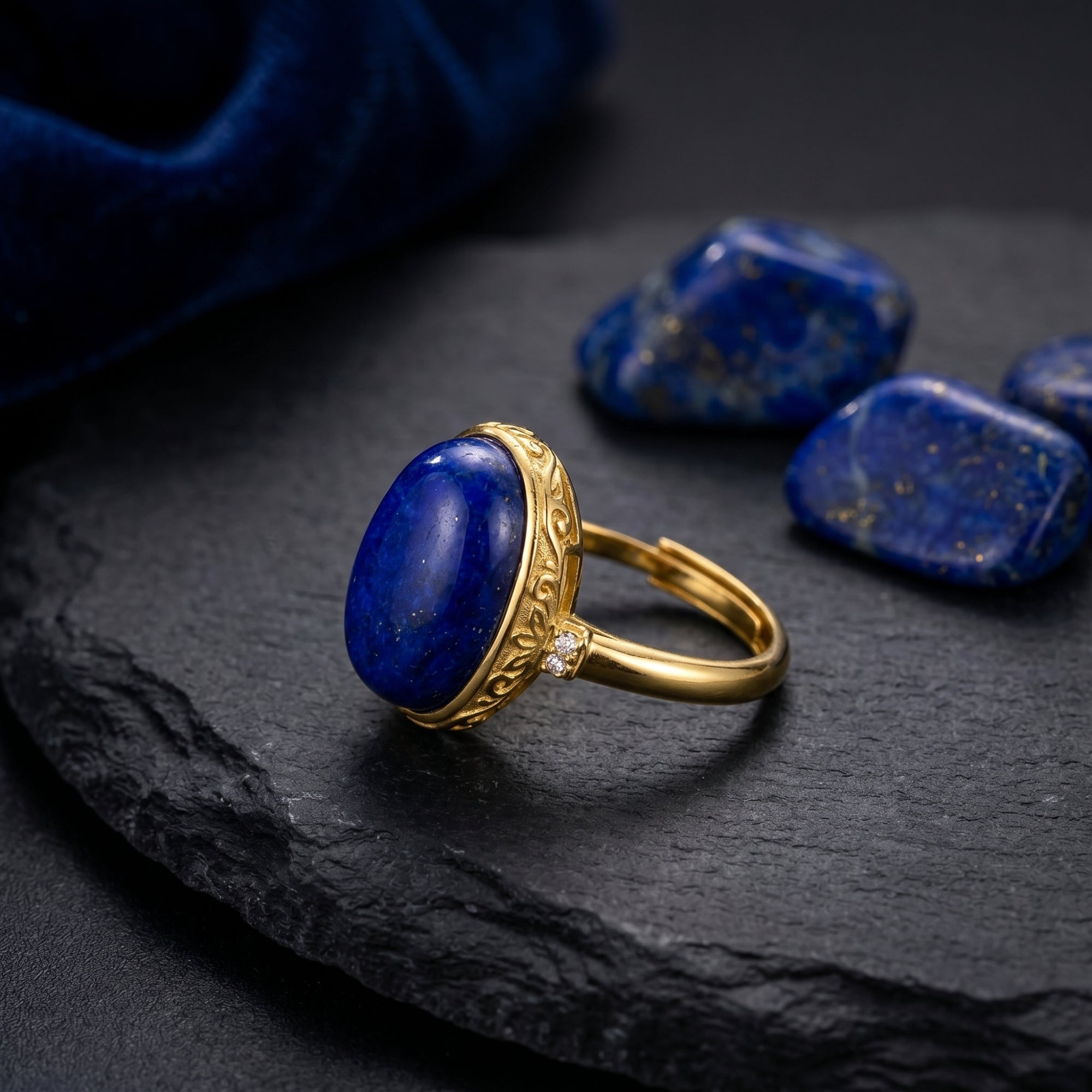 Side view of the adjustable yellow gold band and ornate setting of the oval cut lapis lazuli ring on a stone surface.