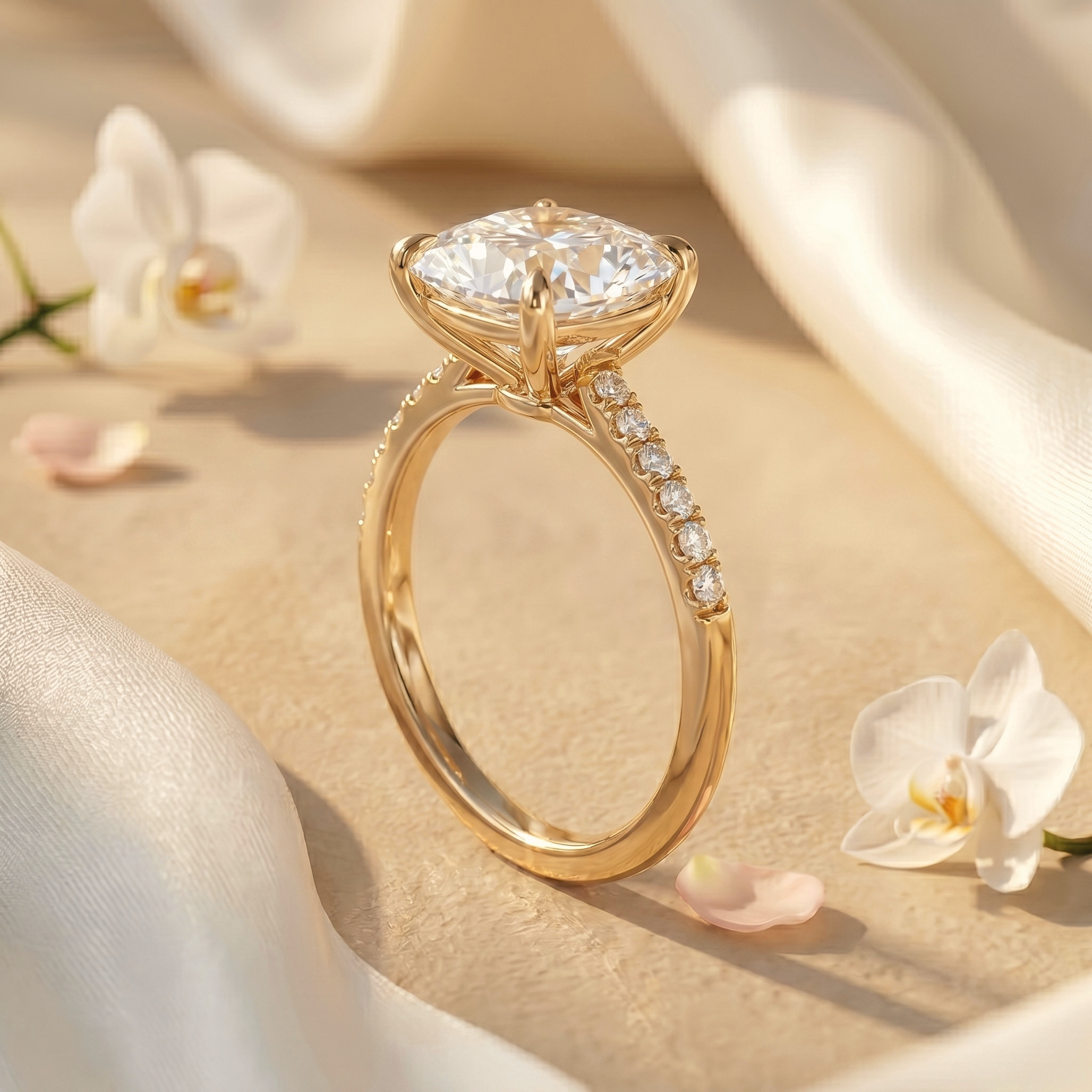 A side profile view of a cushion-cut moissanite engagement ring with a yellow gold band.