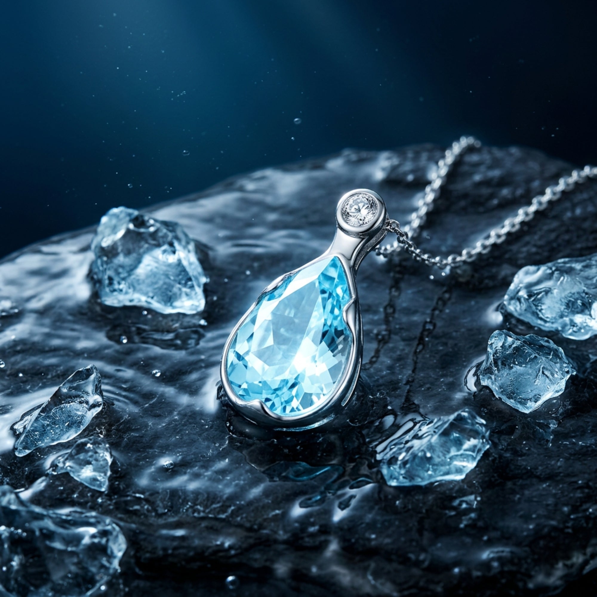Close-up of a pear cut aquamarine pendant in platinum, resting on a dark wet rock with scattered ice crystals.