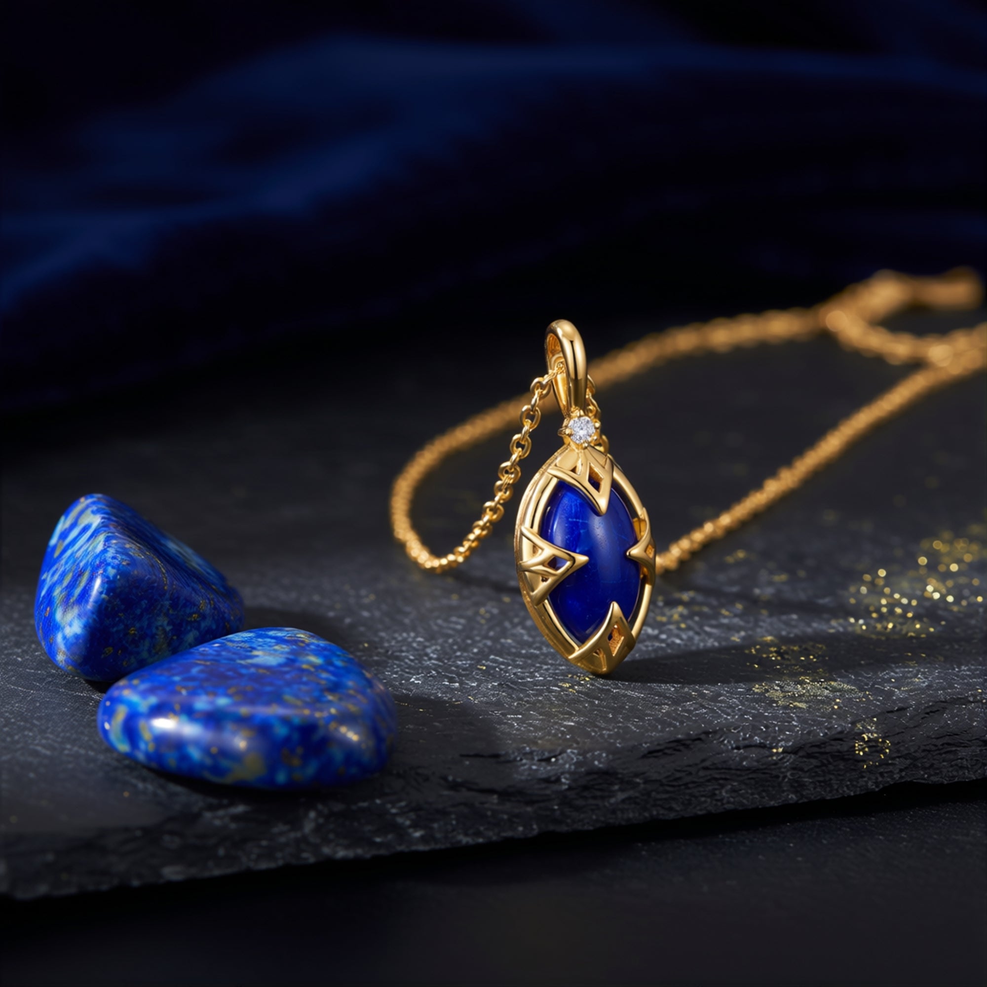 Close-up of the yellow gold marquise natural lapis lazuli pendant showing the ornate leaf-inspired setting.