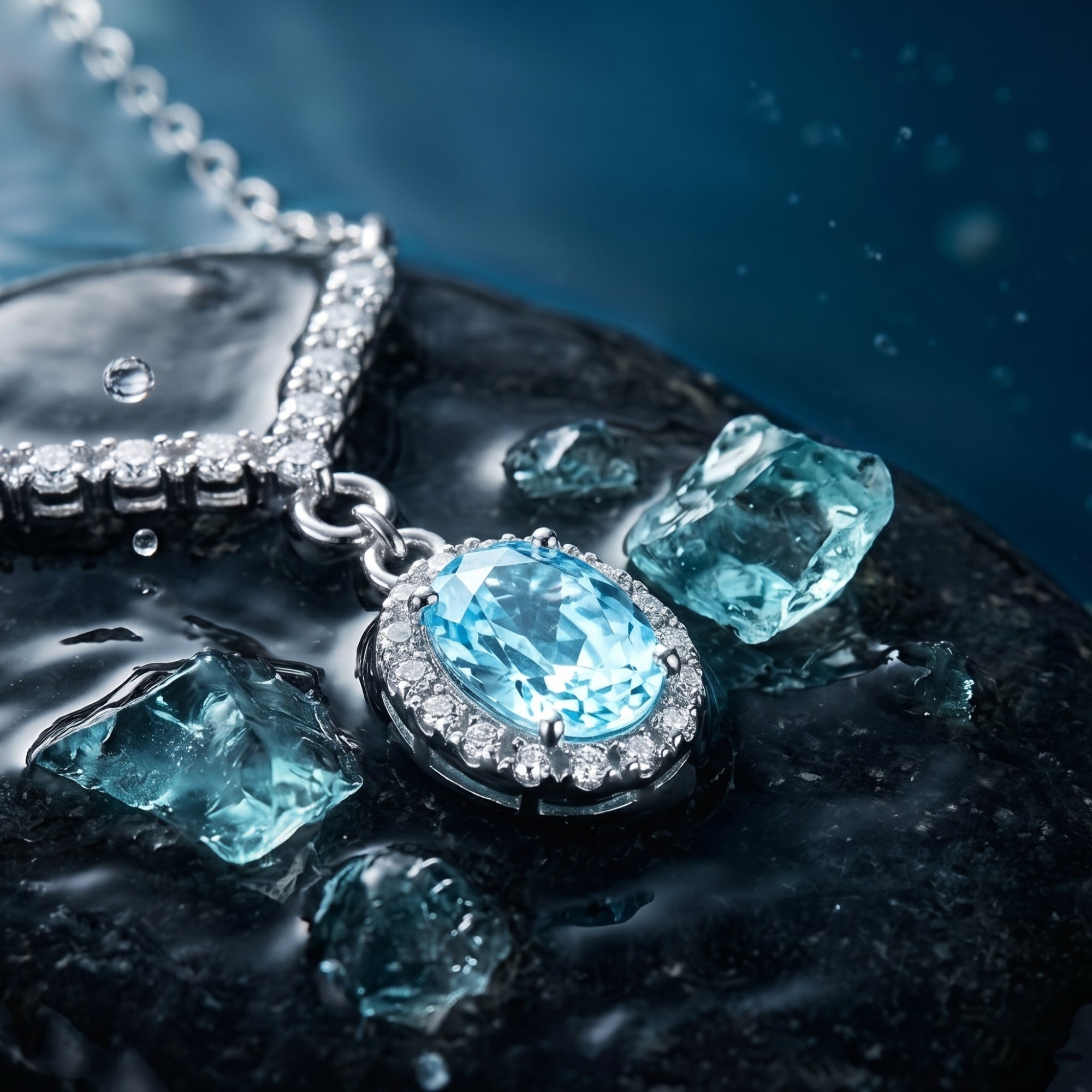 Close-up of an oval-cut aquamarine halo pendant in sterling silver resting on a wet stone with raw crystals.