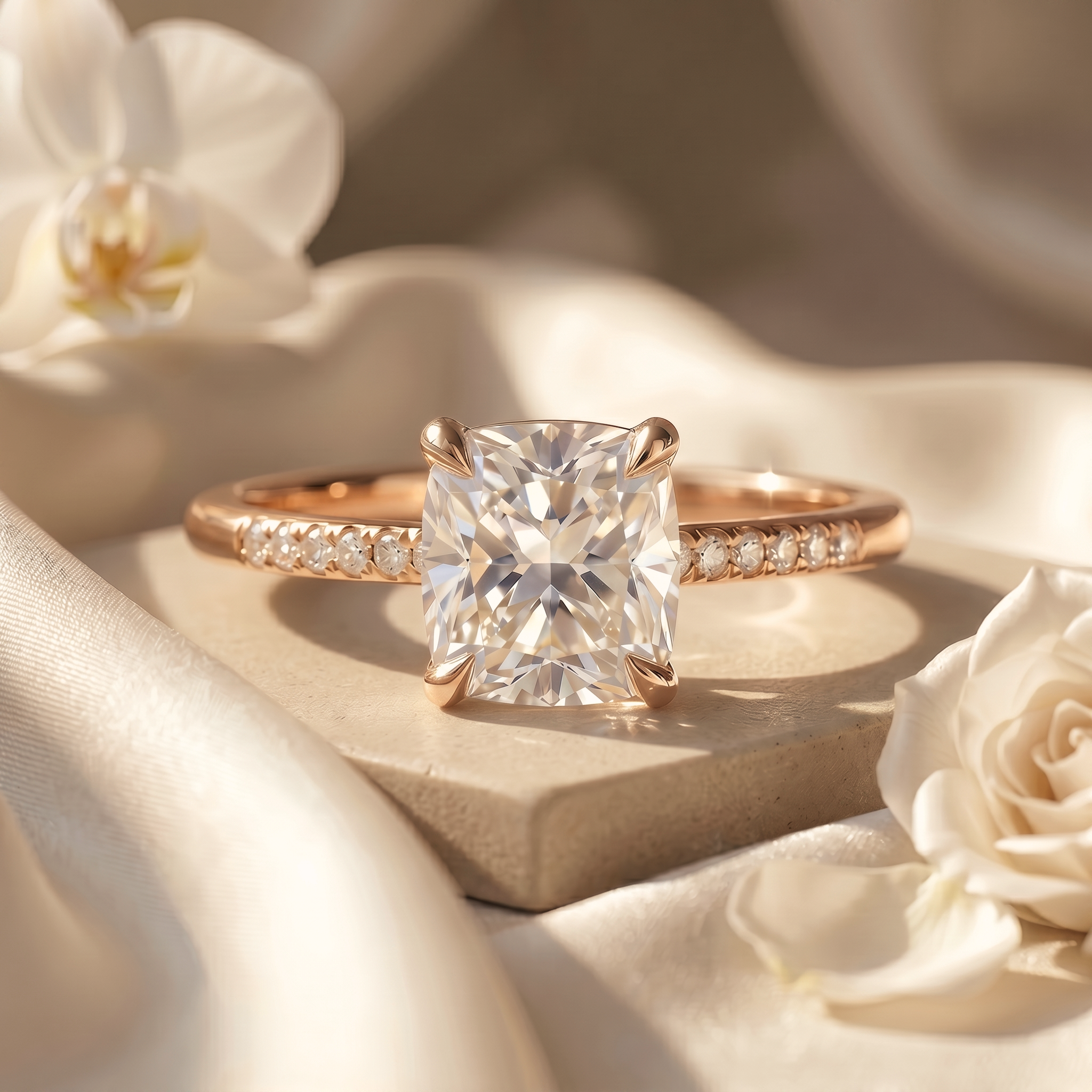 A cushion-cut moissanite engagement ring in rose gold, presented on a light stone display next to white silk and flowers.