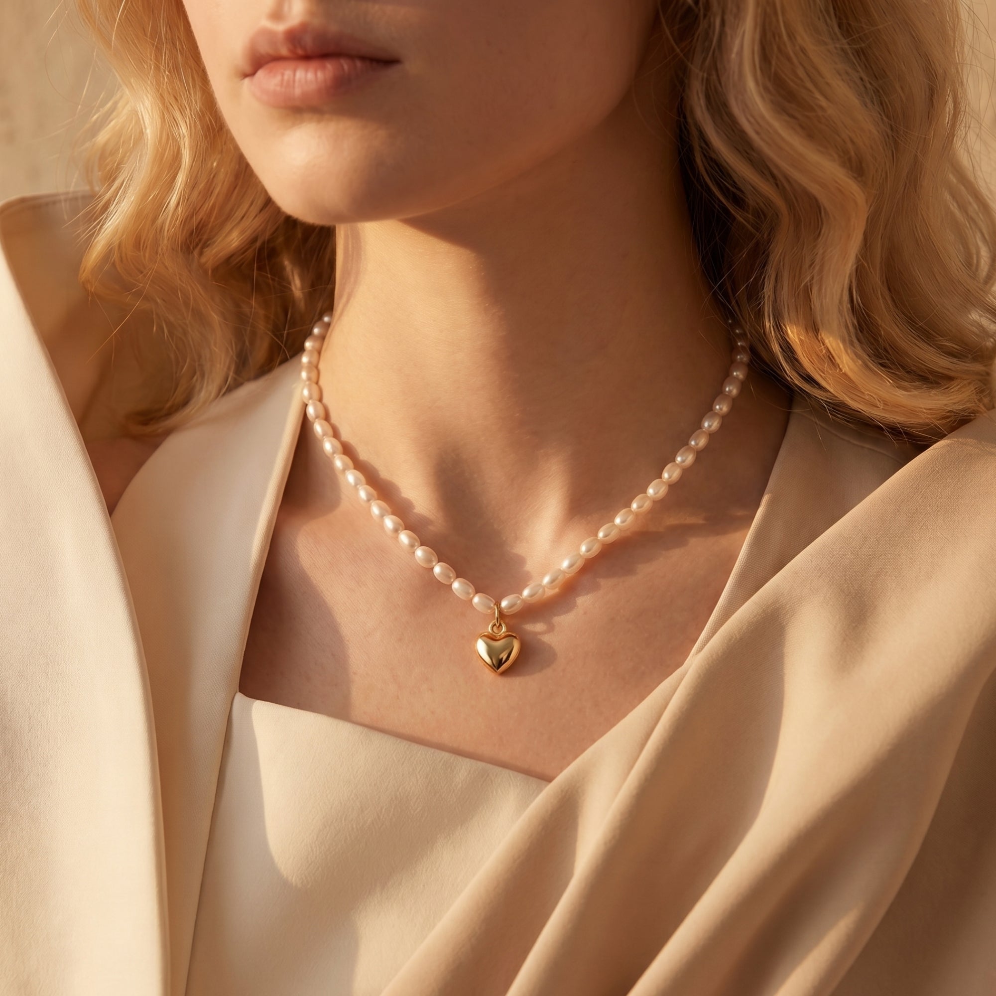 Model wearing an 18K gold plated heart pendant necklace with white oval synthetic pearls and a cream blouse.