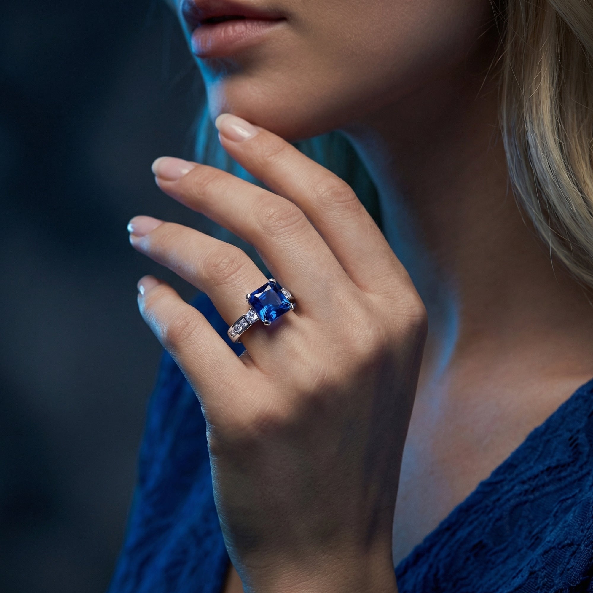 Model wearing the Adelina princess cut tanzanite ring in sterling silver, showcasing its deep blue color.