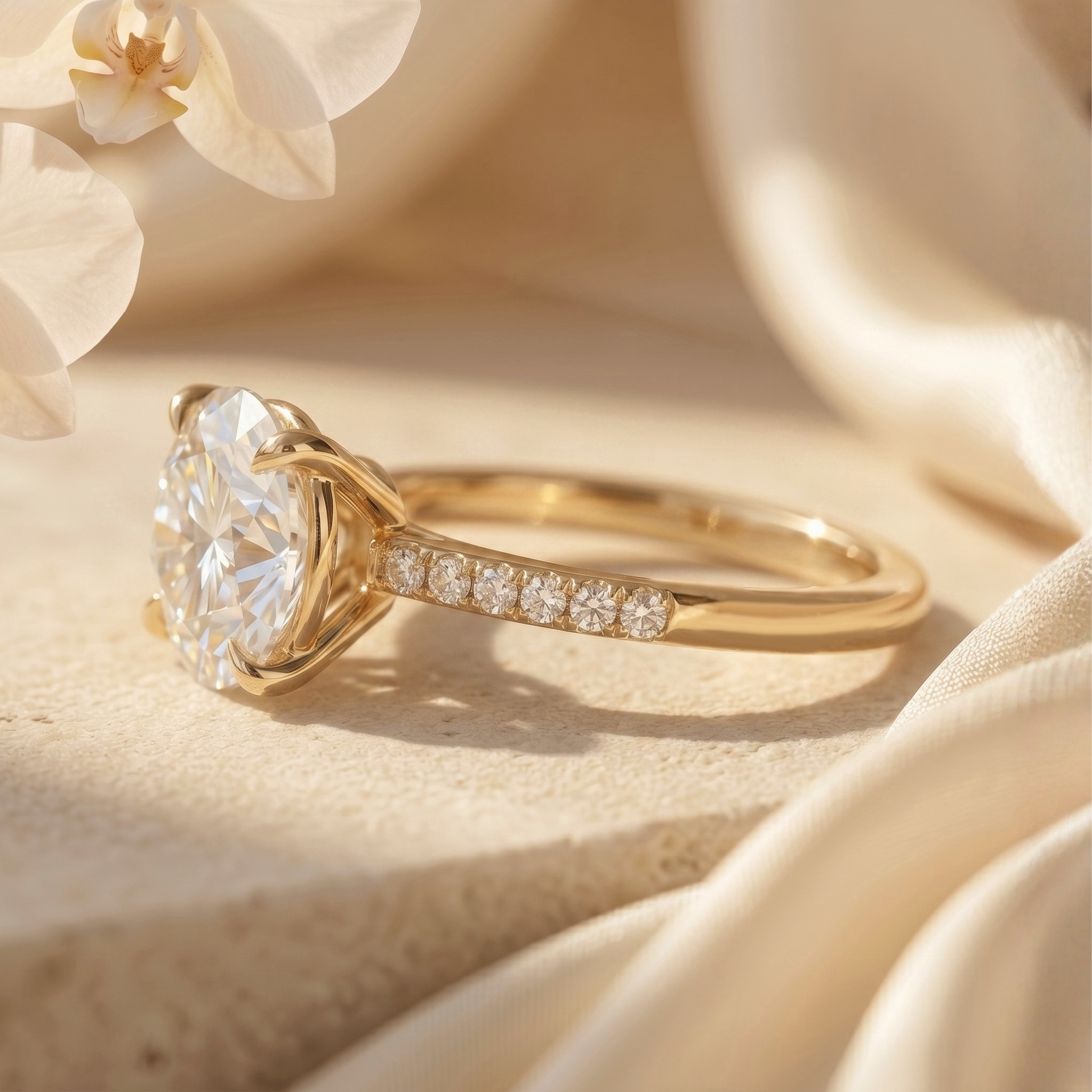 Side angle view of a yellow gold round brilliant cut moissanite engagement ring on a neutral background.