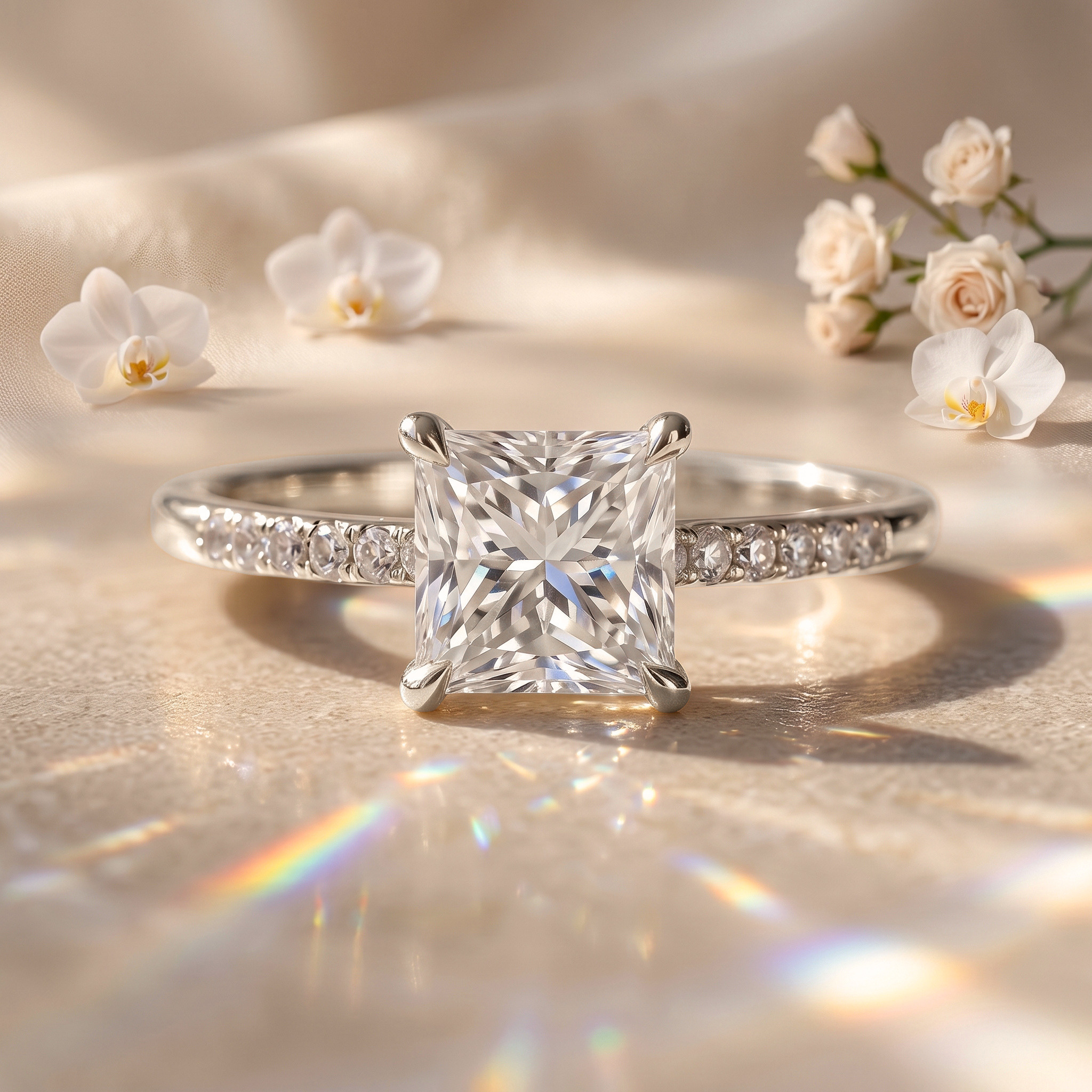 A white gold princess cut moissanite engagement ring on a pavé-set band, displayed on a neutral background.