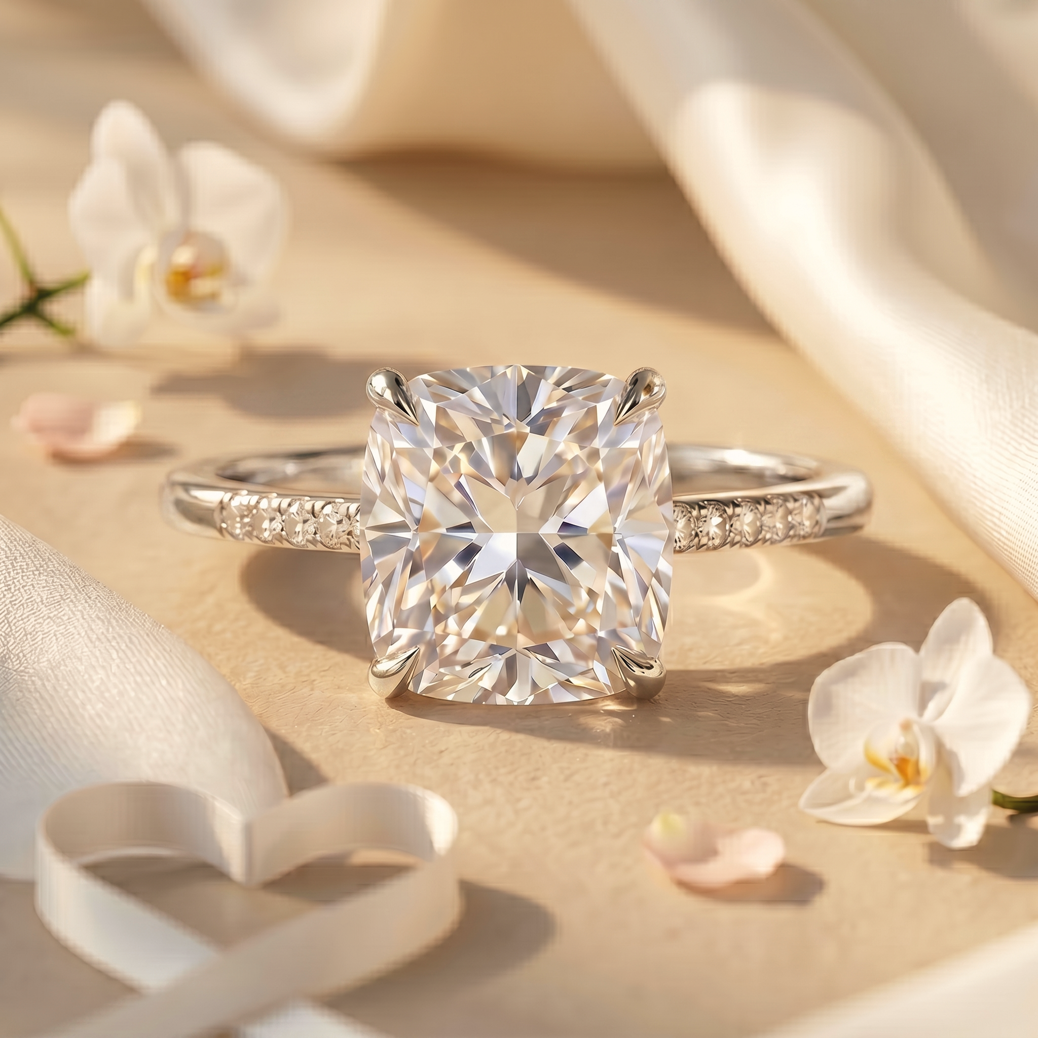 A cushion-cut moissanite engagement ring in white gold, styled with orchids and silk.