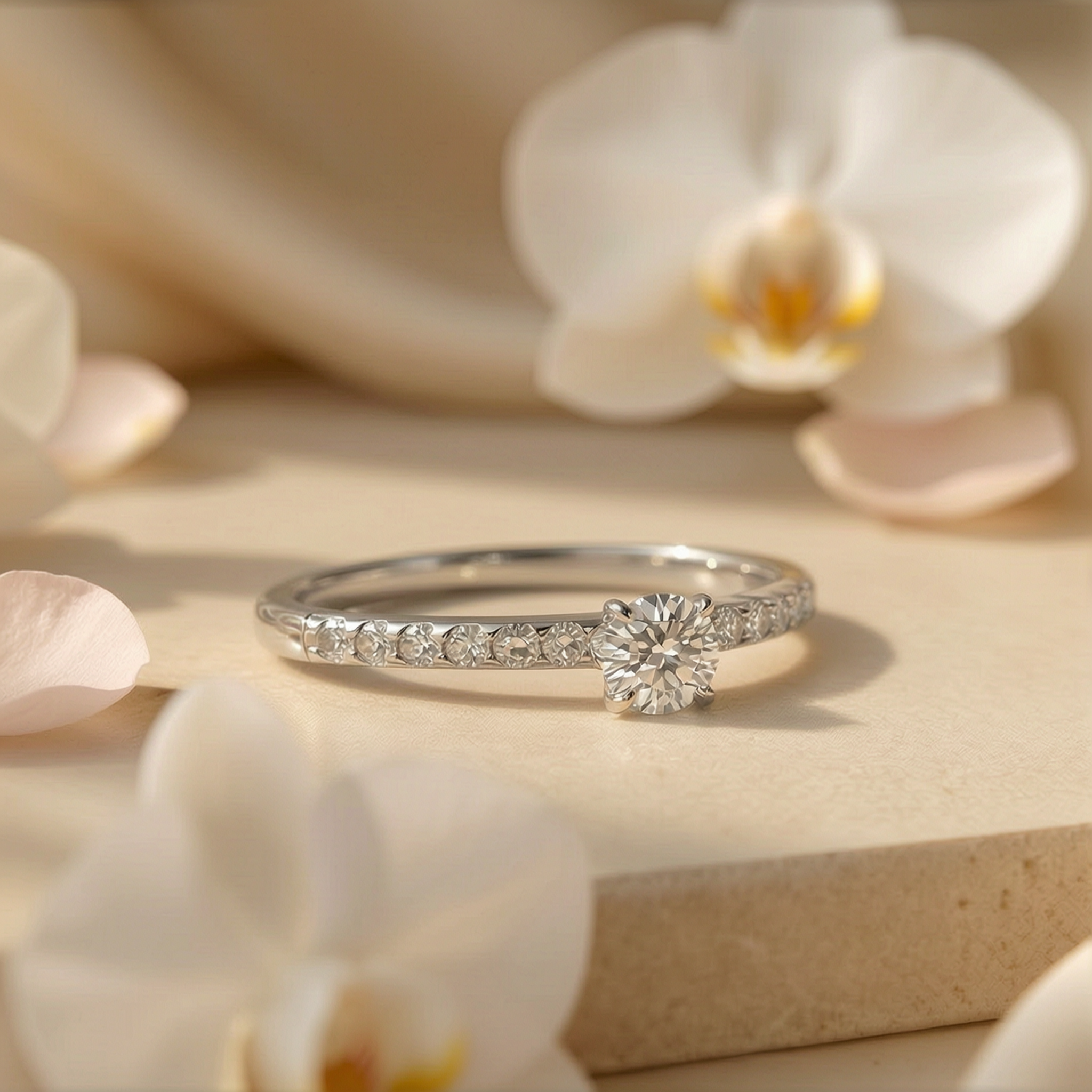 A brilliant white gold round-cut moissanite engagement ring with a pavé band set against orchids.