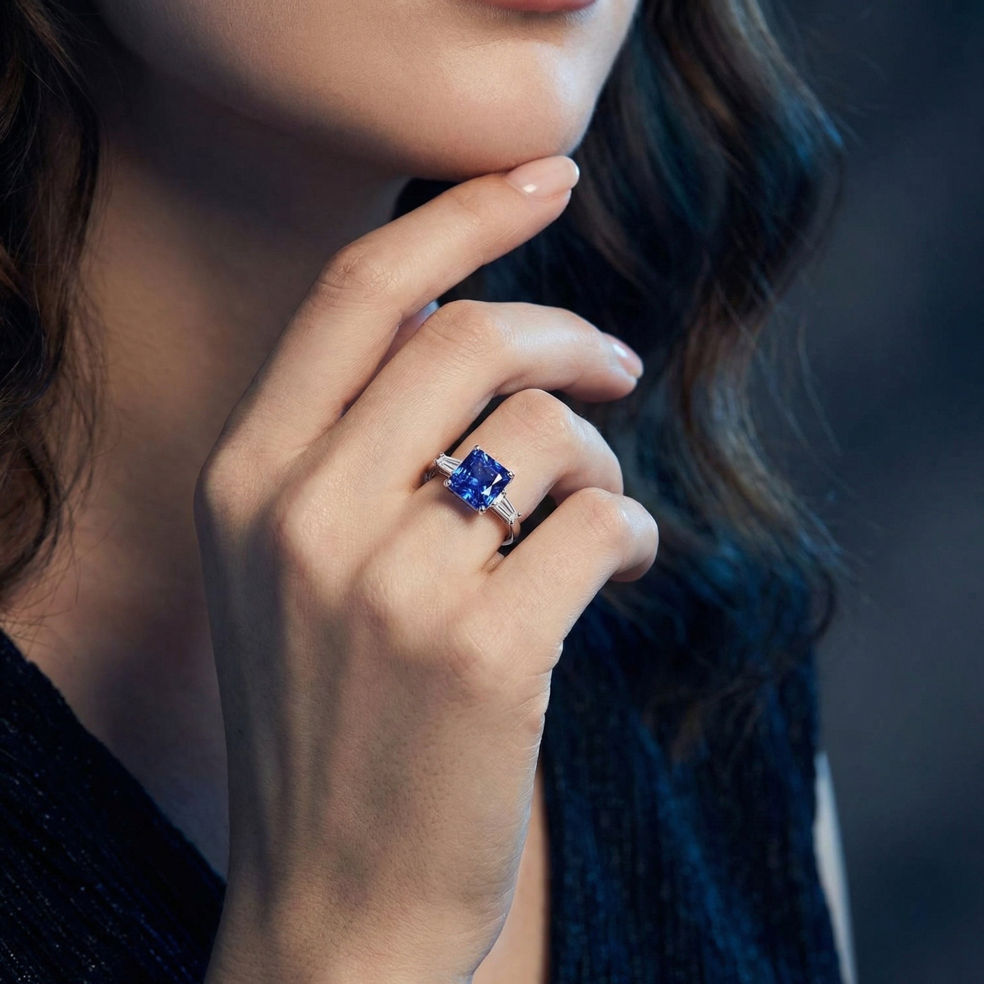 Sterling silver ring with a large princess-cut tanzanite stone worn by a model.