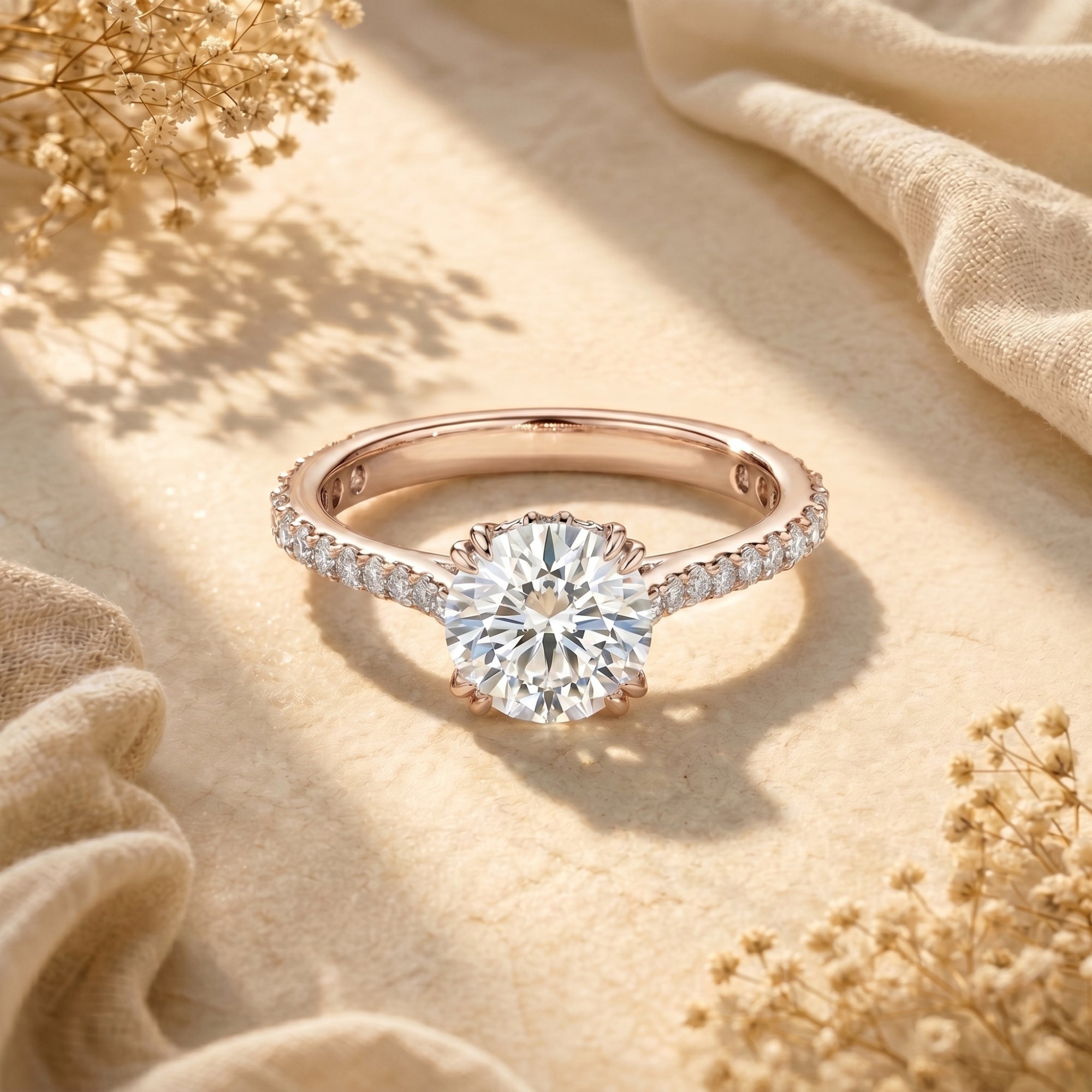 Rose gold 2CT round moissanite solitaire ring with a pavé band on a textured lifestyle background.